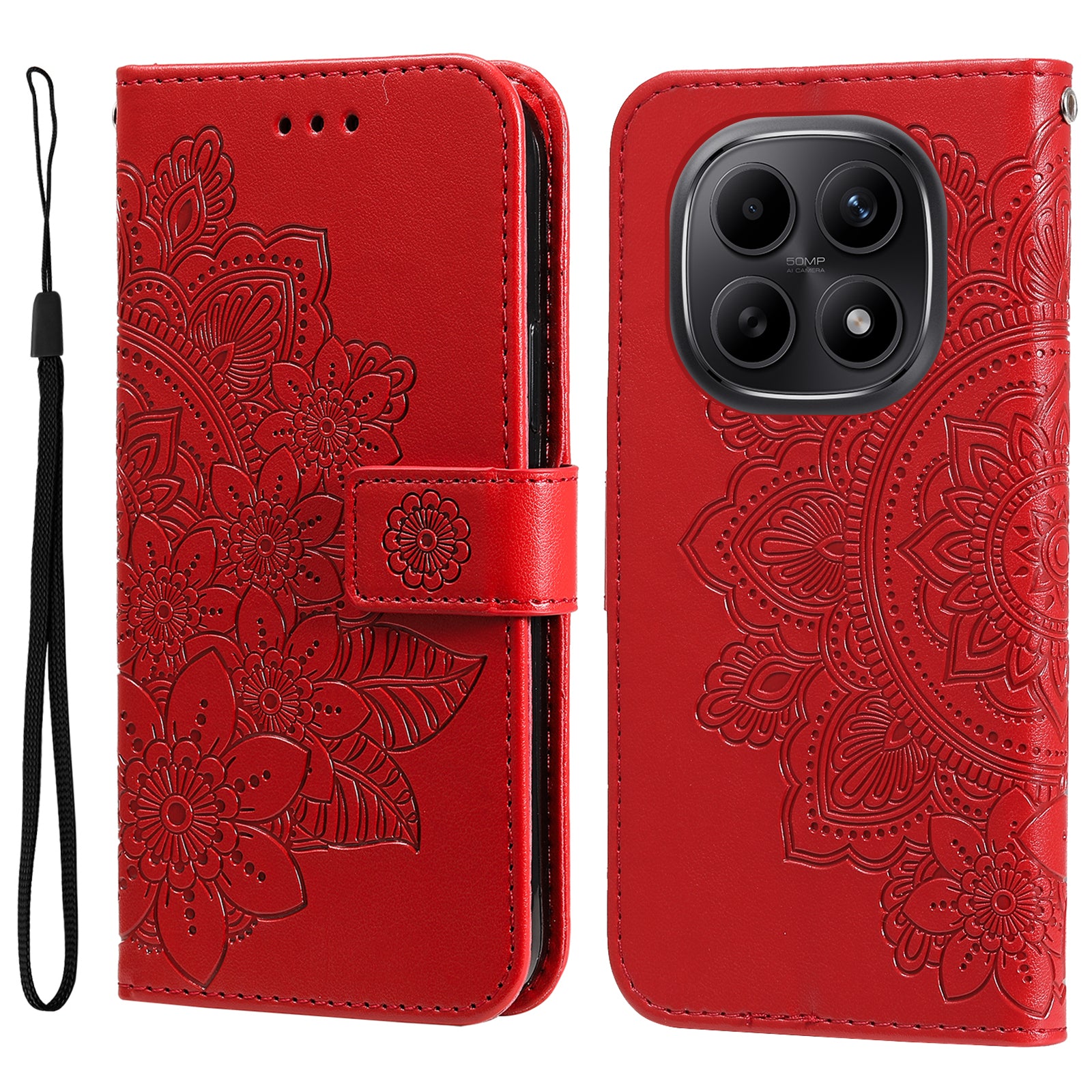 For Xiaomi Poco M8 5G / Redmi Note 15 5G (Global) / 15 4G (Global) Case Floral Pattern PU Leather Wallet Stand Phone Cover - Red