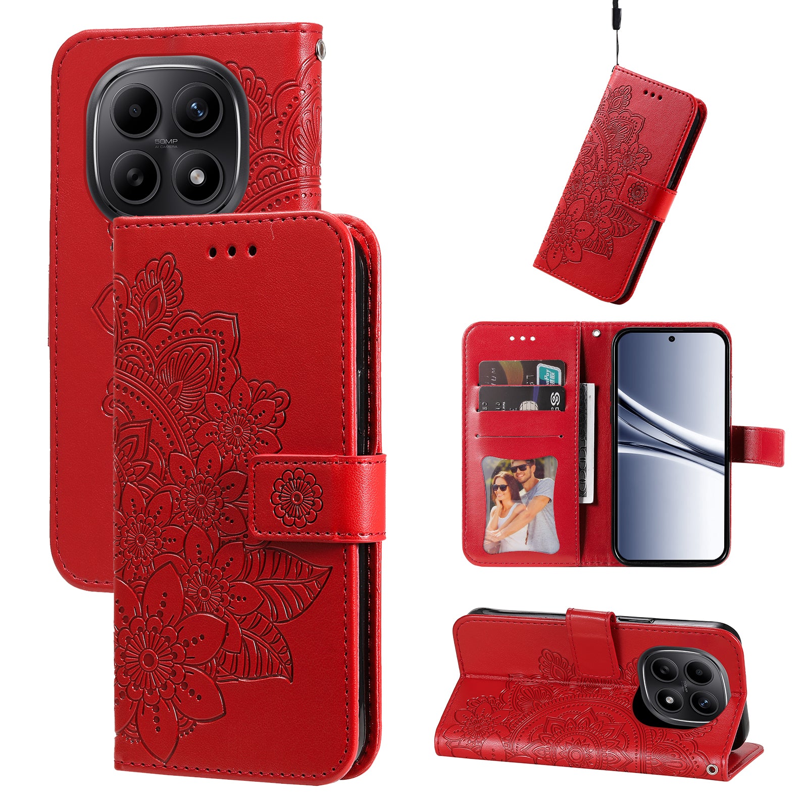 For Xiaomi Poco M8 5G / Redmi Note 15 5G (Global) / 15 4G (Global) Case Floral Pattern PU Leather Wallet Stand Phone Cover - Red