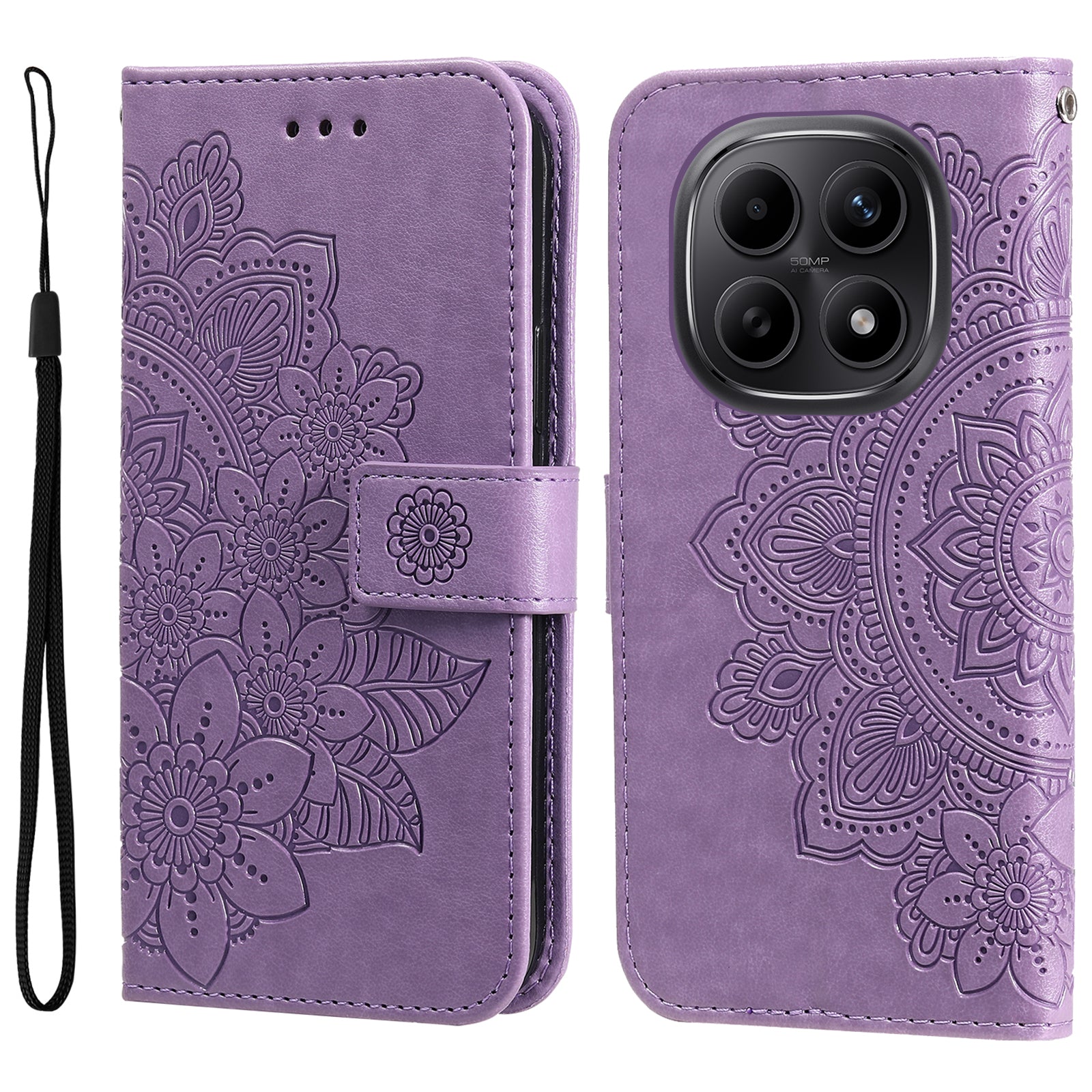 For Xiaomi Poco M8 5G / Redmi Note 15 5G (Global) / 15 4G (Global) Case Floral Pattern PU Leather Wallet Stand Phone Cover - Purple