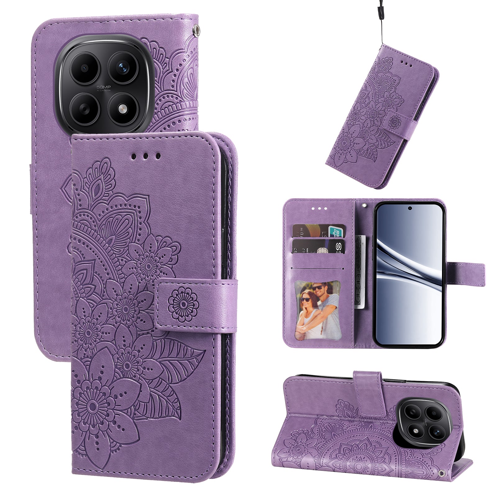 For Xiaomi Poco M8 5G / Redmi Note 15 5G (Global) / 15 4G (Global) Case Floral Pattern PU Leather Wallet Stand Phone Cover - Purple