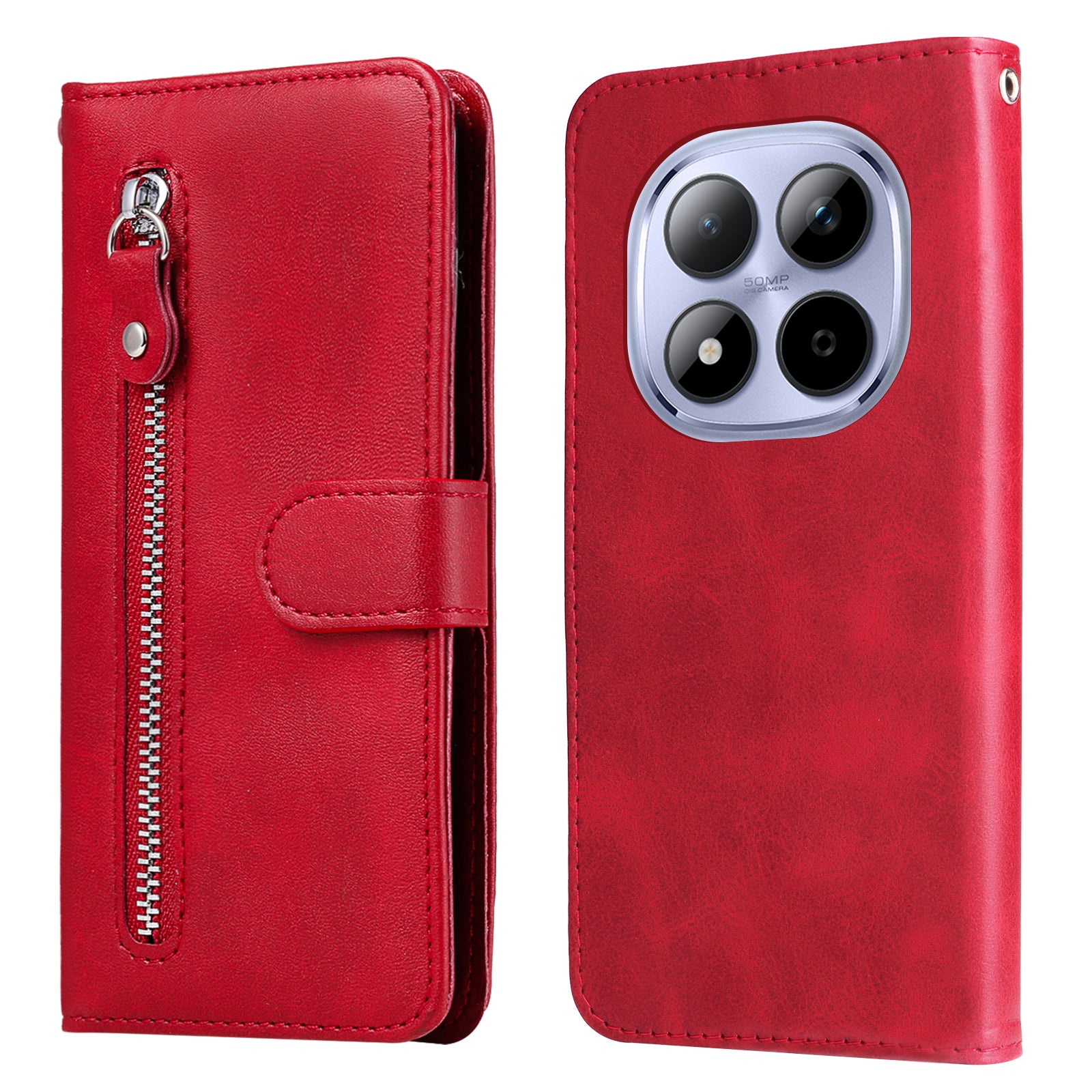 For Xiaomi Redmi Note 15 Pro 4G (Global) PU Leather Cases with Zipper Pocket Wallet Phone Cover Stand - Red