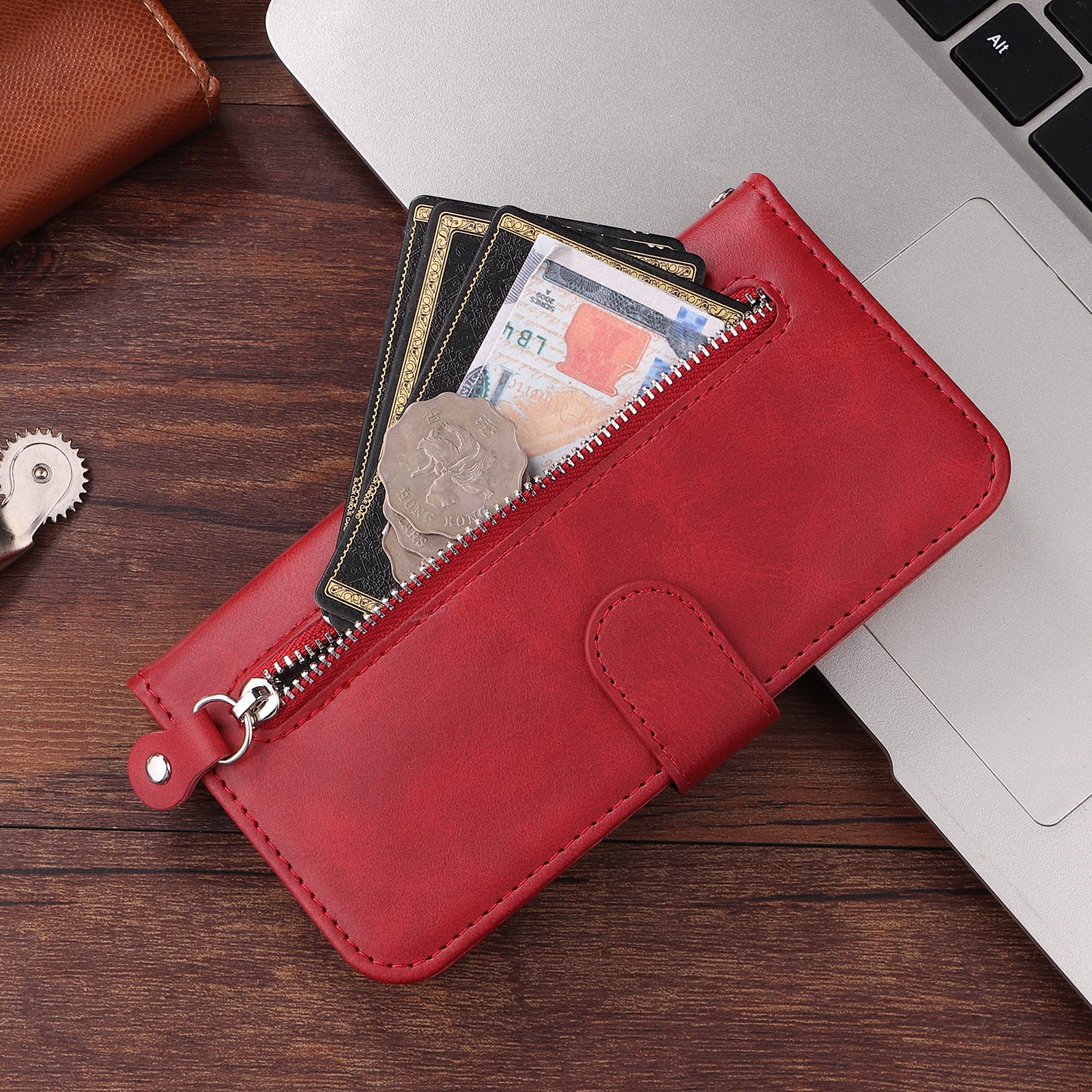 For Xiaomi Redmi Note 15 Pro 4G (Global) PU Leather Cases with Zipper Pocket Wallet Phone Cover Stand - Red