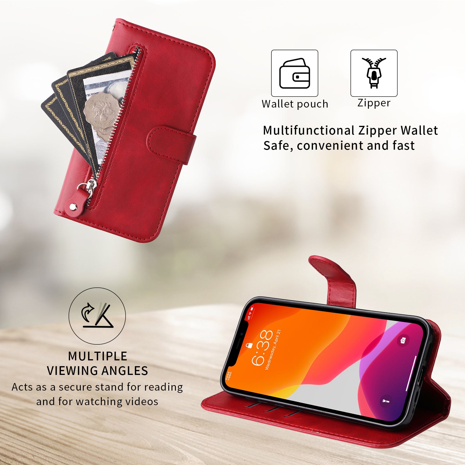 For Xiaomi Redmi Note 15 Pro 4G (Global) PU Leather Cases with Zipper Pocket Wallet Phone Cover Stand - Red