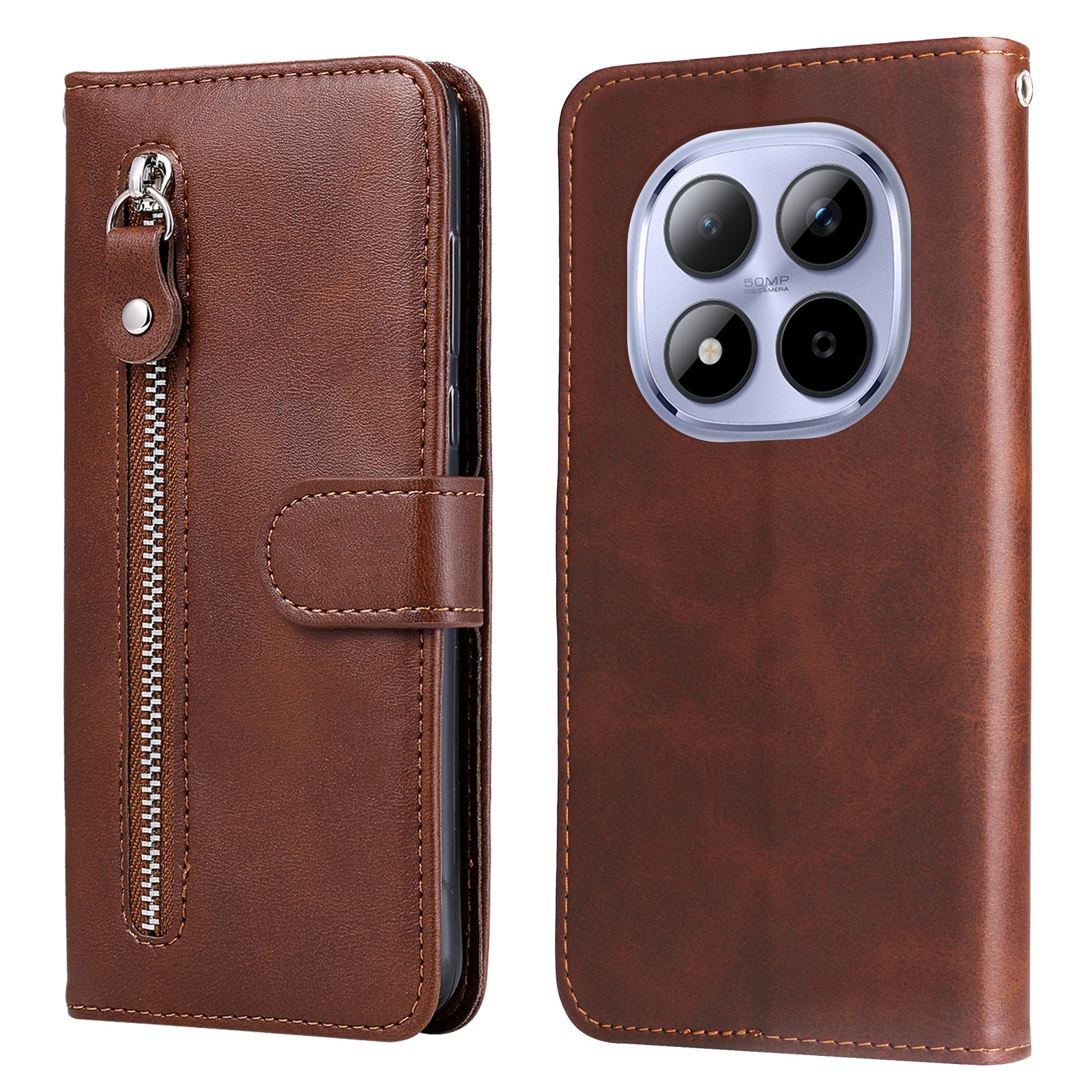 For Xiaomi Redmi Note 15 Pro 4G (Global) PU Leather Cases with Zipper Pocket Wallet Phone Cover Stand - Brown