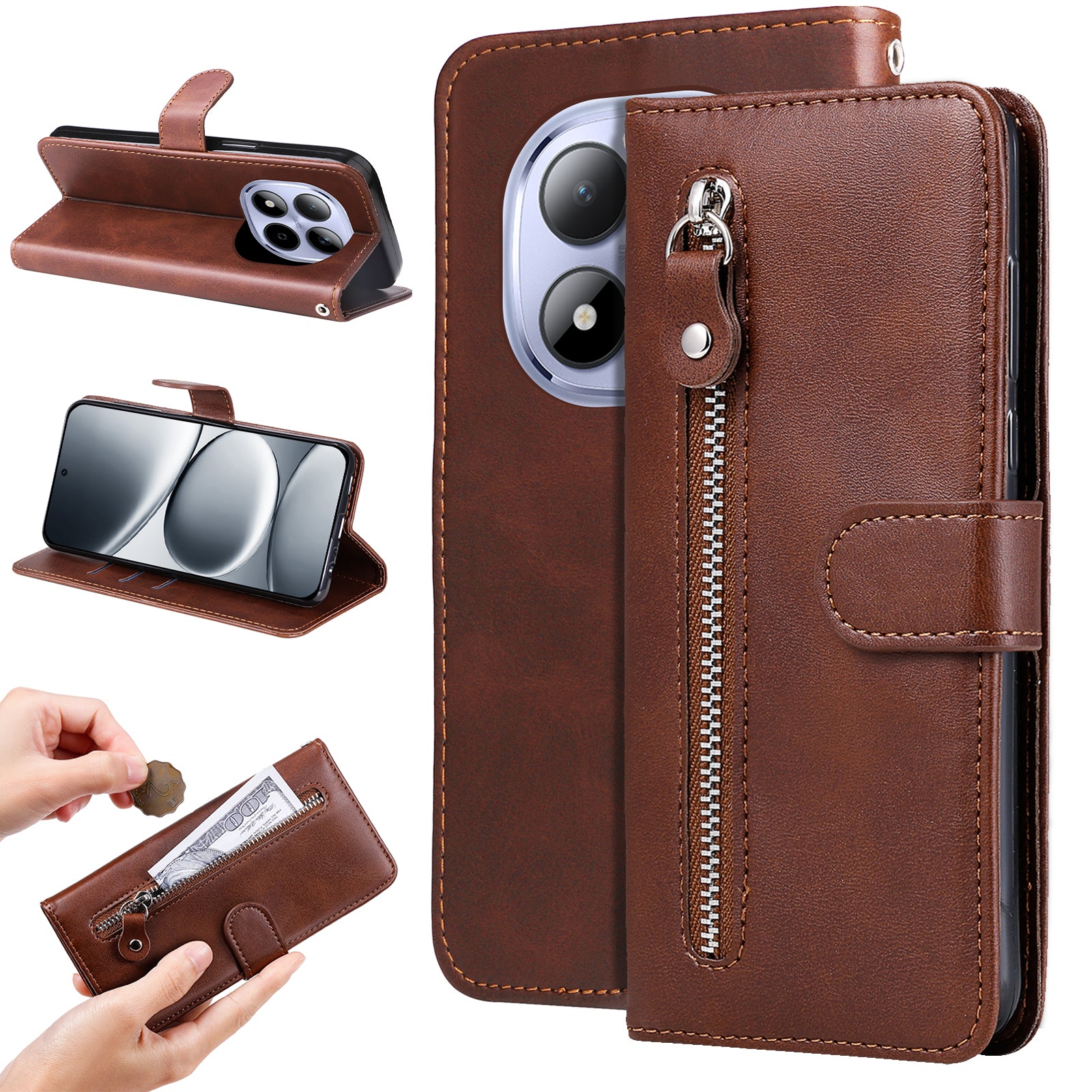 For Xiaomi Redmi Note 15 Pro 4G (Global) PU Leather Cases with Zipper Pocket Wallet Phone Cover Stand - Brown