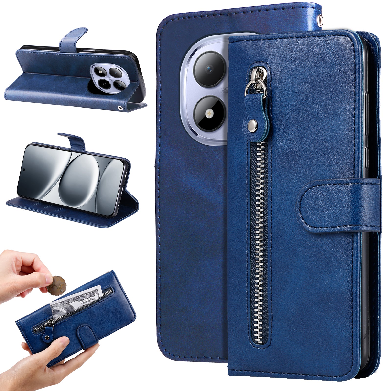 For Xiaomi Redmi Note 15 Pro 4G (Global) PU Leather Cases with Zipper Pocket Wallet Phone Cover Stand - Blue