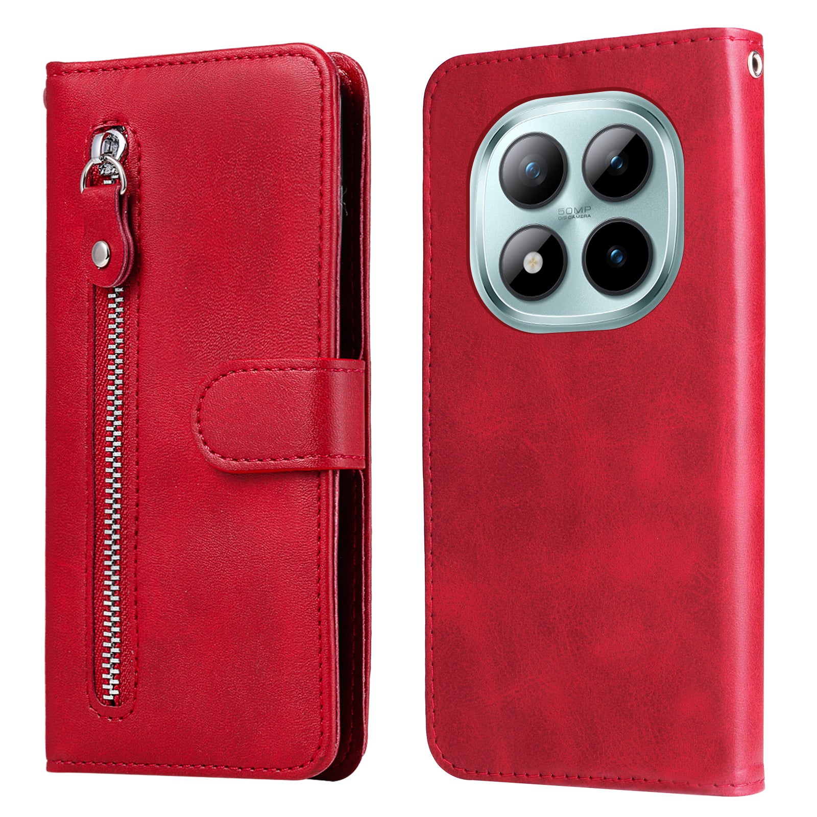For Xiaomi Poco M8 Pro 5G / Redmi Note 15 Pro+ 5G (Global) PU Leather Cases with Zipper Pocket Wallet Phone Cover Stand - Red