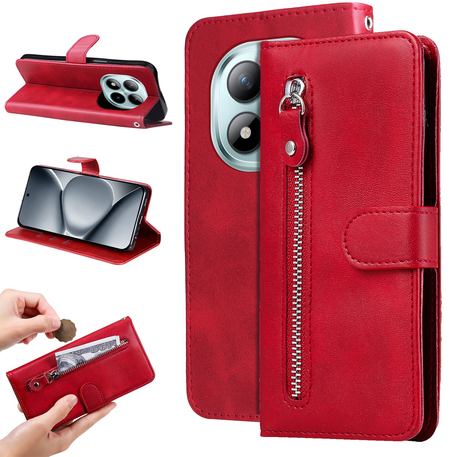 For Xiaomi Poco M8 Pro 5G / Redmi Note 15 Pro+ 5G (Global) PU Leather Cases with Zipper Pocket Wallet Phone Cover Stand - Red