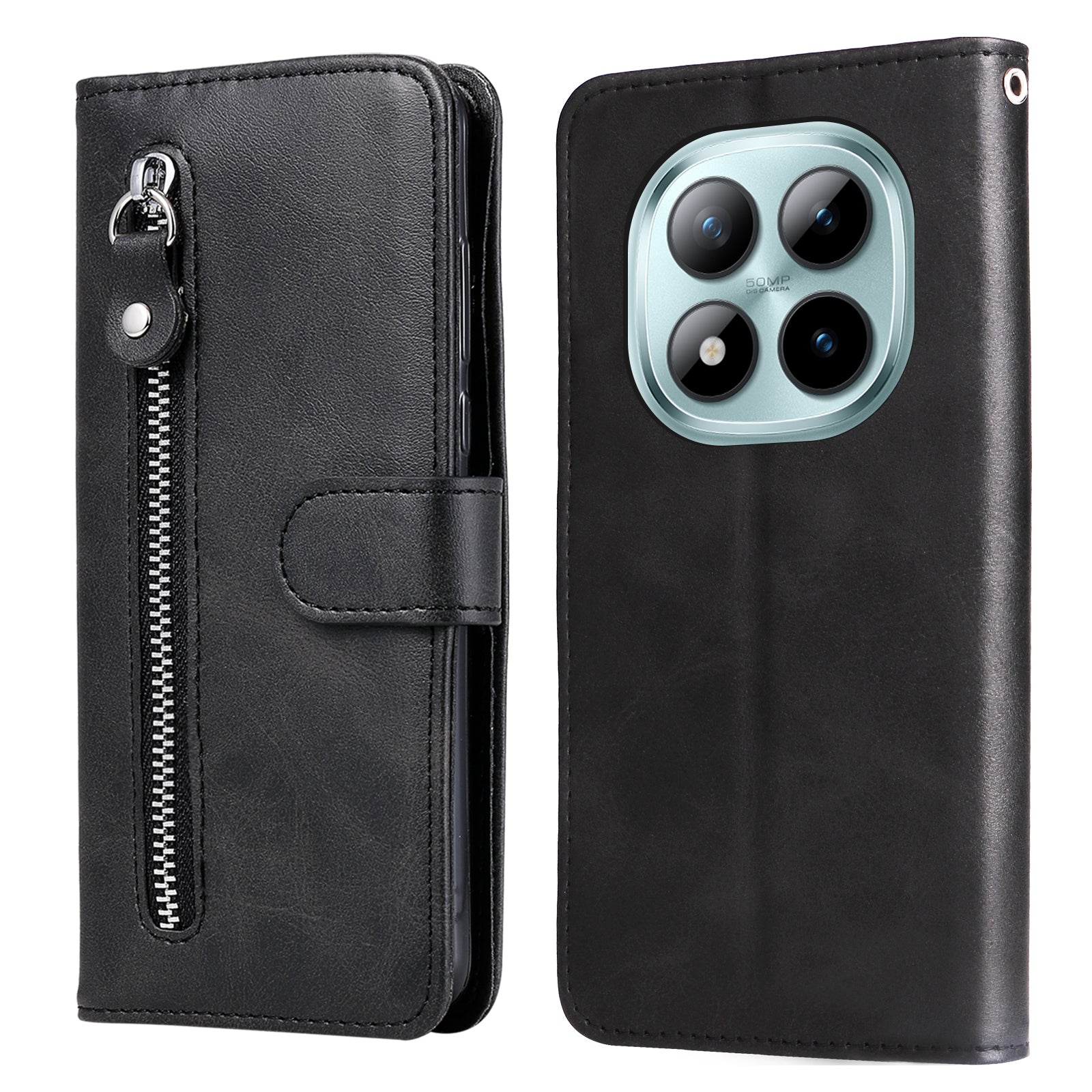 For Xiaomi Poco M8 Pro 5G / Redmi Note 15 Pro+ 5G (Global) PU Leather Cases with Zipper Pocket Wallet Phone Cover Stand - Black