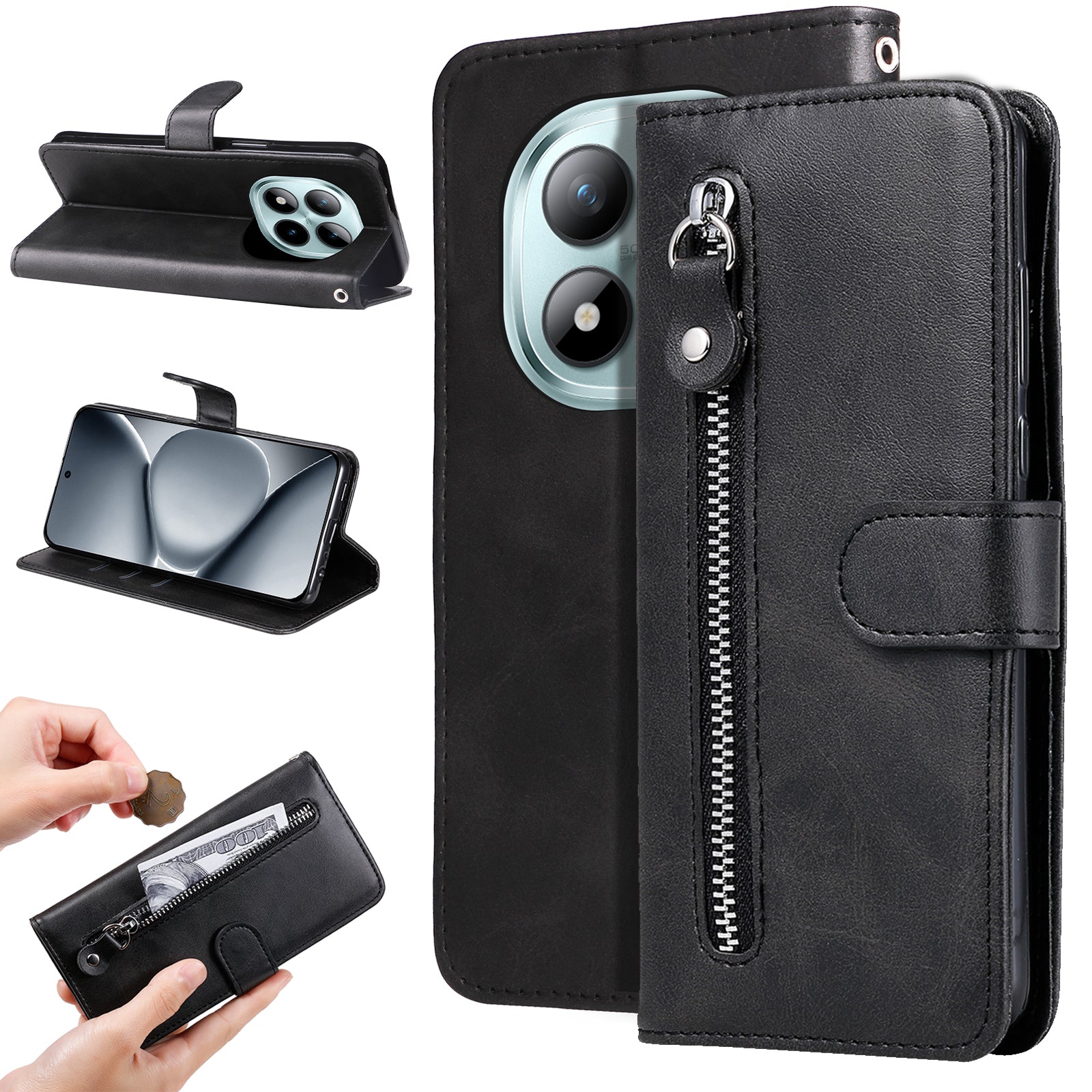 For Xiaomi Poco M8 Pro 5G / Redmi Note 15 Pro+ 5G (Global) PU Leather Cases with Zipper Pocket Wallet Phone Cover Stand - Black