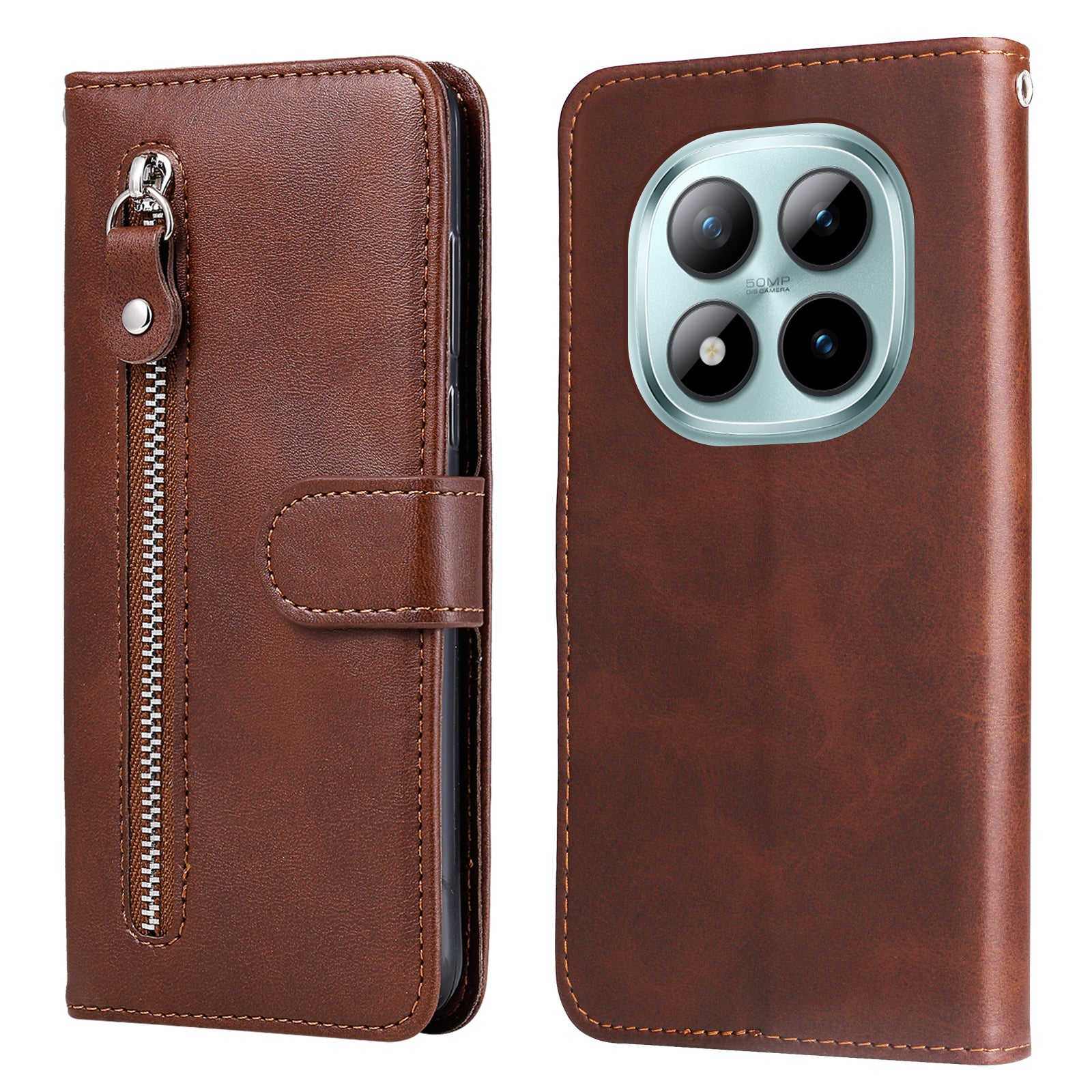 For Xiaomi Poco M8 Pro 5G / Redmi Note 15 Pro+ 5G (Global) PU Leather Cases with Zipper Pocket Wallet Phone Cover Stand - Brown