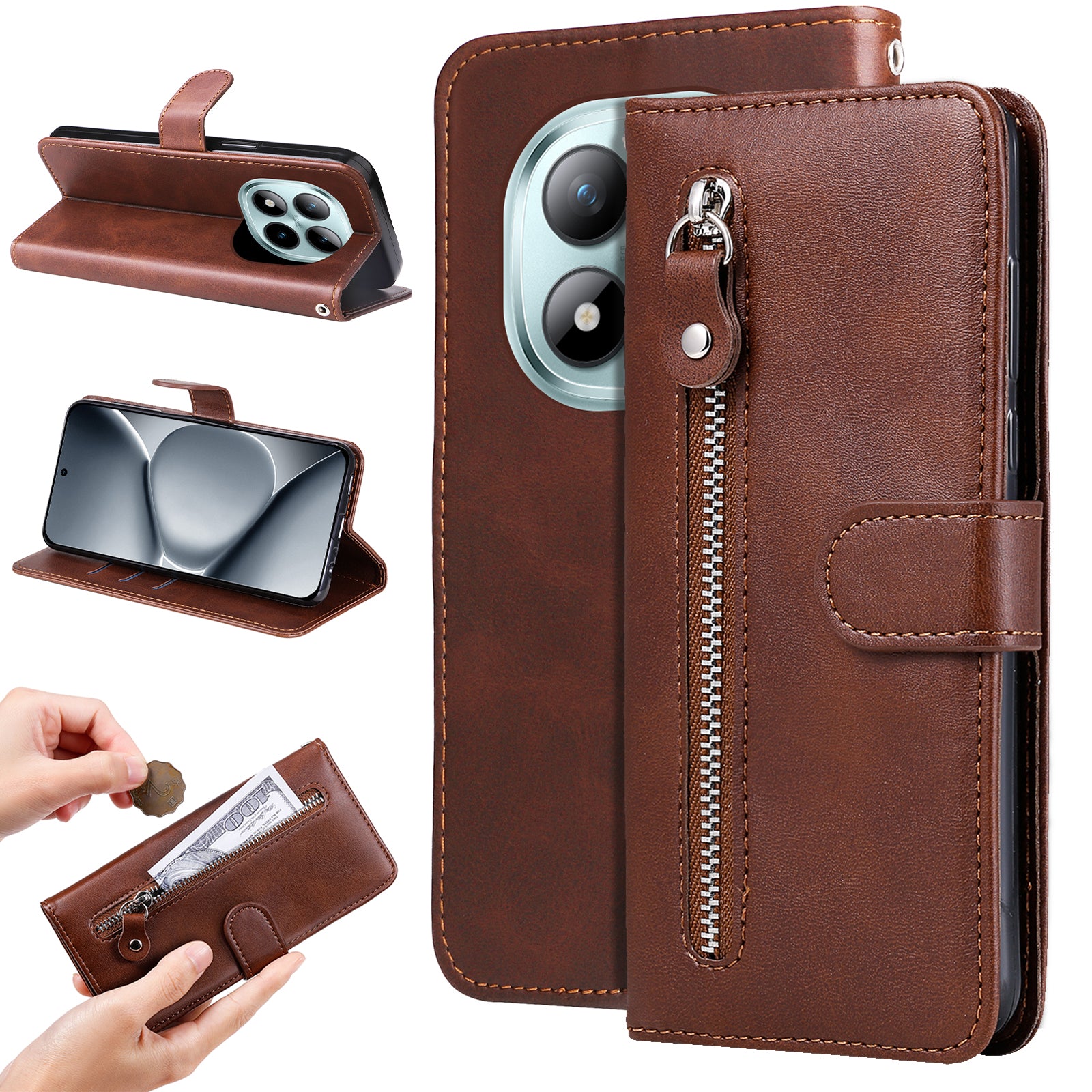 For Xiaomi Poco M8 Pro 5G / Redmi Note 15 Pro+ 5G (Global) PU Leather Cases with Zipper Pocket Wallet Phone Cover Stand - Brown