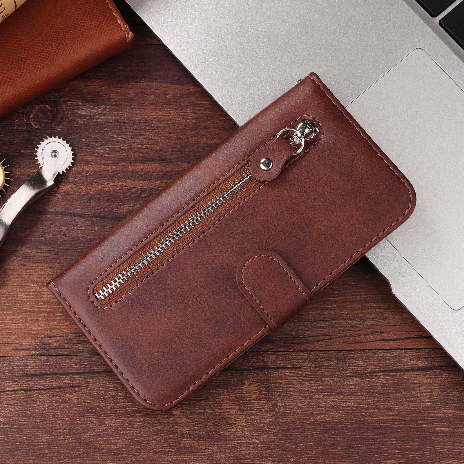 For Xiaomi Poco M8 Pro 5G / Redmi Note 15 Pro+ 5G (Global) PU Leather Cases with Zipper Pocket Wallet Phone Cover Stand - Brown