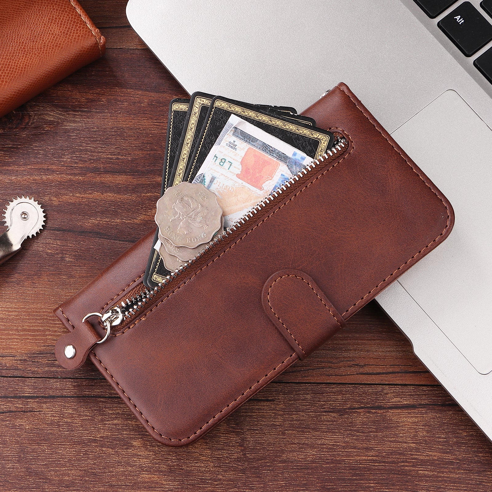 For Xiaomi Poco M8 Pro 5G / Redmi Note 15 Pro+ 5G (Global) PU Leather Cases with Zipper Pocket Wallet Phone Cover Stand - Brown