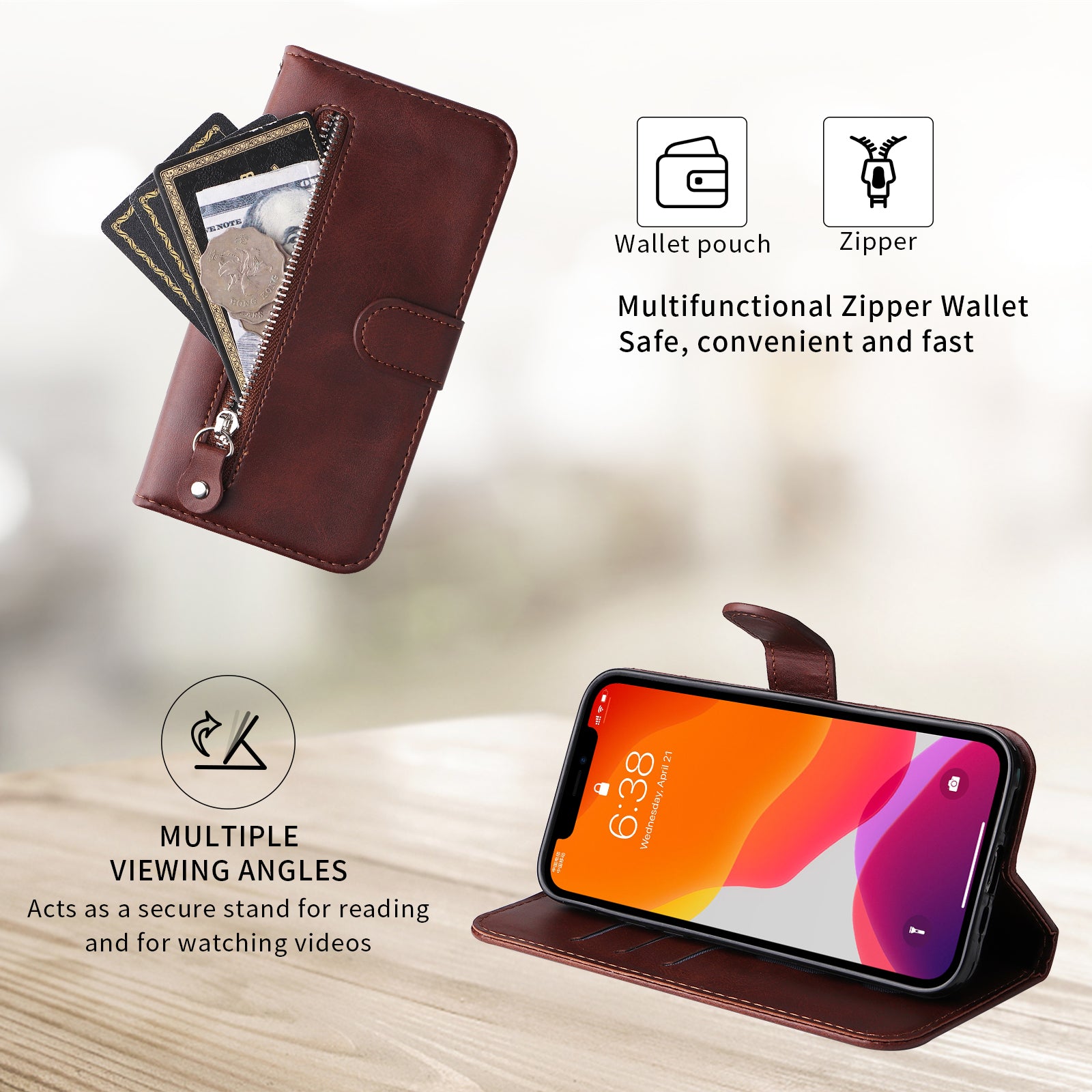 For Xiaomi Poco M8 Pro 5G / Redmi Note 15 Pro+ 5G (Global) PU Leather Cases with Zipper Pocket Wallet Phone Cover Stand - Brown