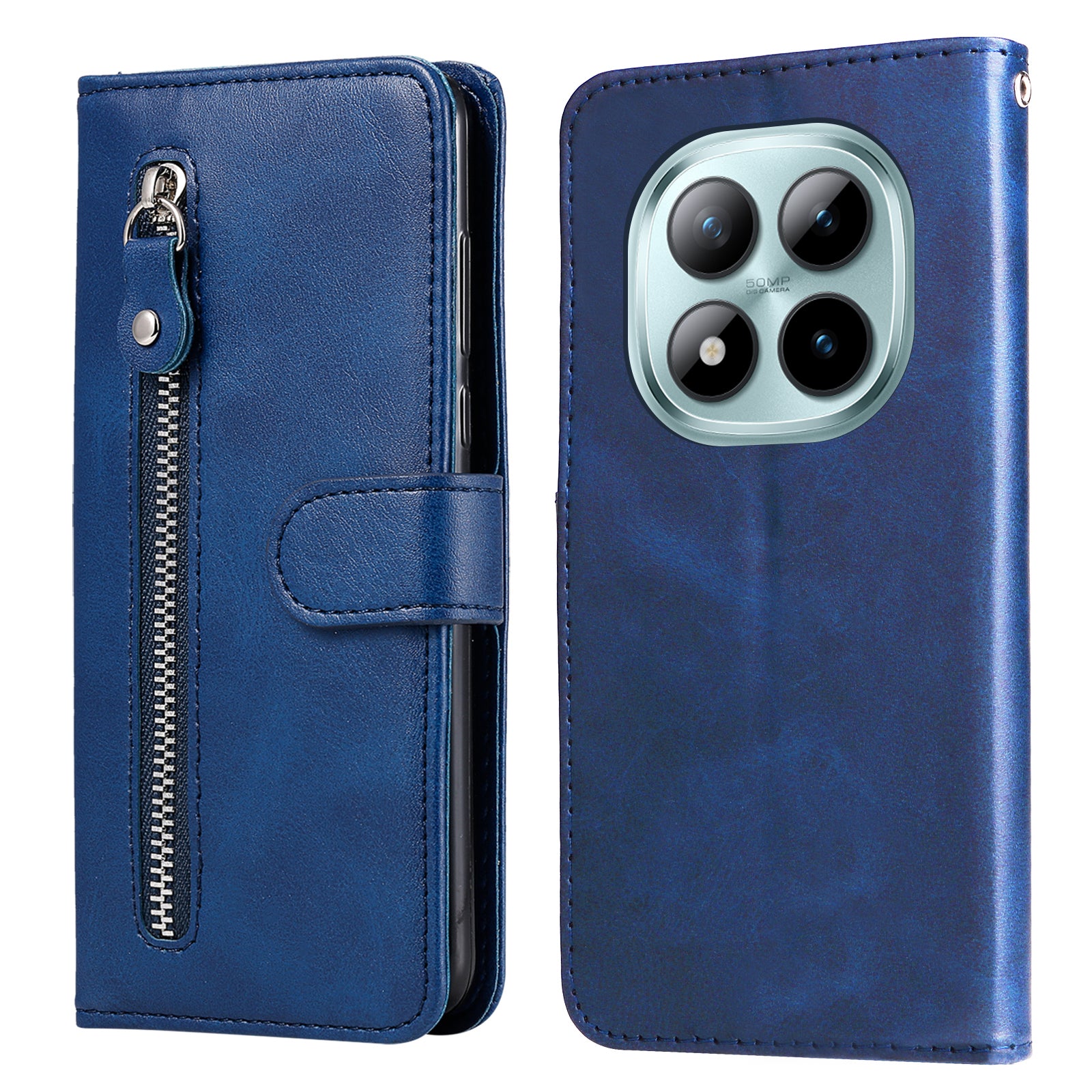 For Xiaomi Poco M8 Pro 5G / Redmi Note 15 Pro+ 5G (Global) PU Leather Cases with Zipper Pocket Wallet Phone Cover Stand - Blue