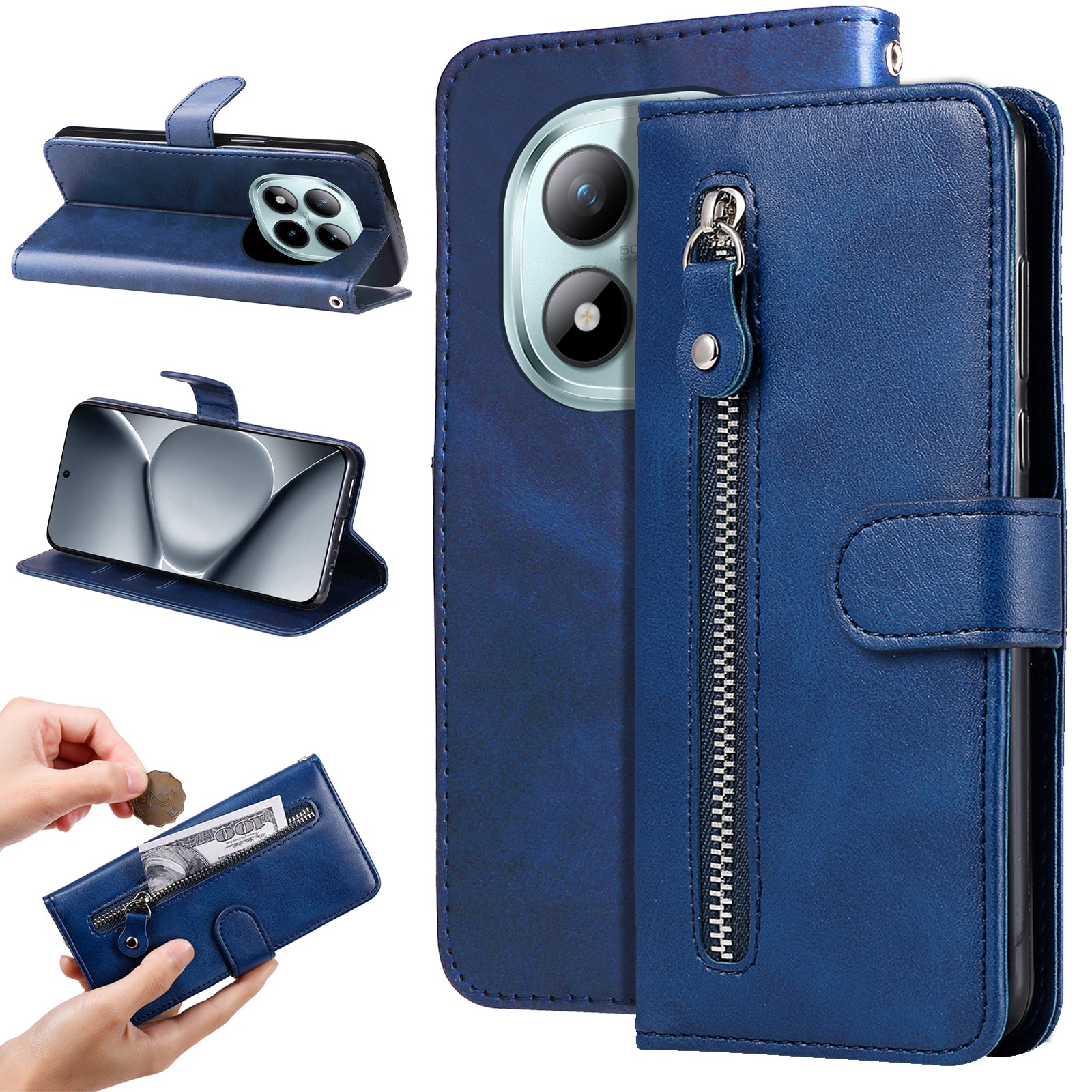 For Xiaomi Poco M8 Pro 5G / Redmi Note 15 Pro+ 5G (Global) PU Leather Cases with Zipper Pocket Wallet Phone Cover Stand - Blue