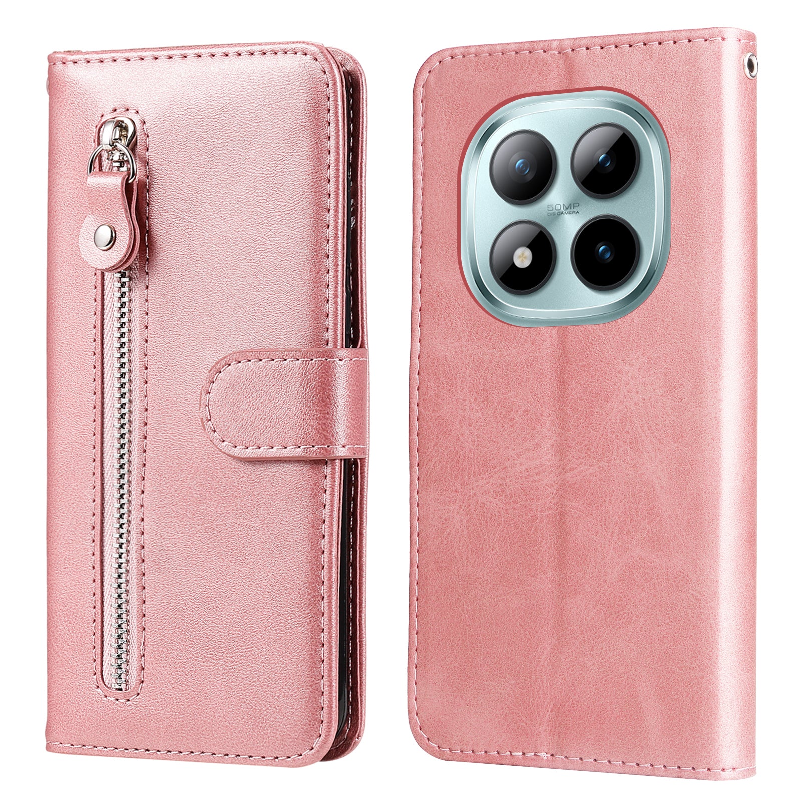 For Xiaomi Poco M8 Pro 5G / Redmi Note 15 Pro+ 5G (Global) PU Leather Cases with Zipper Pocket Wallet Phone Cover Stand - Pink