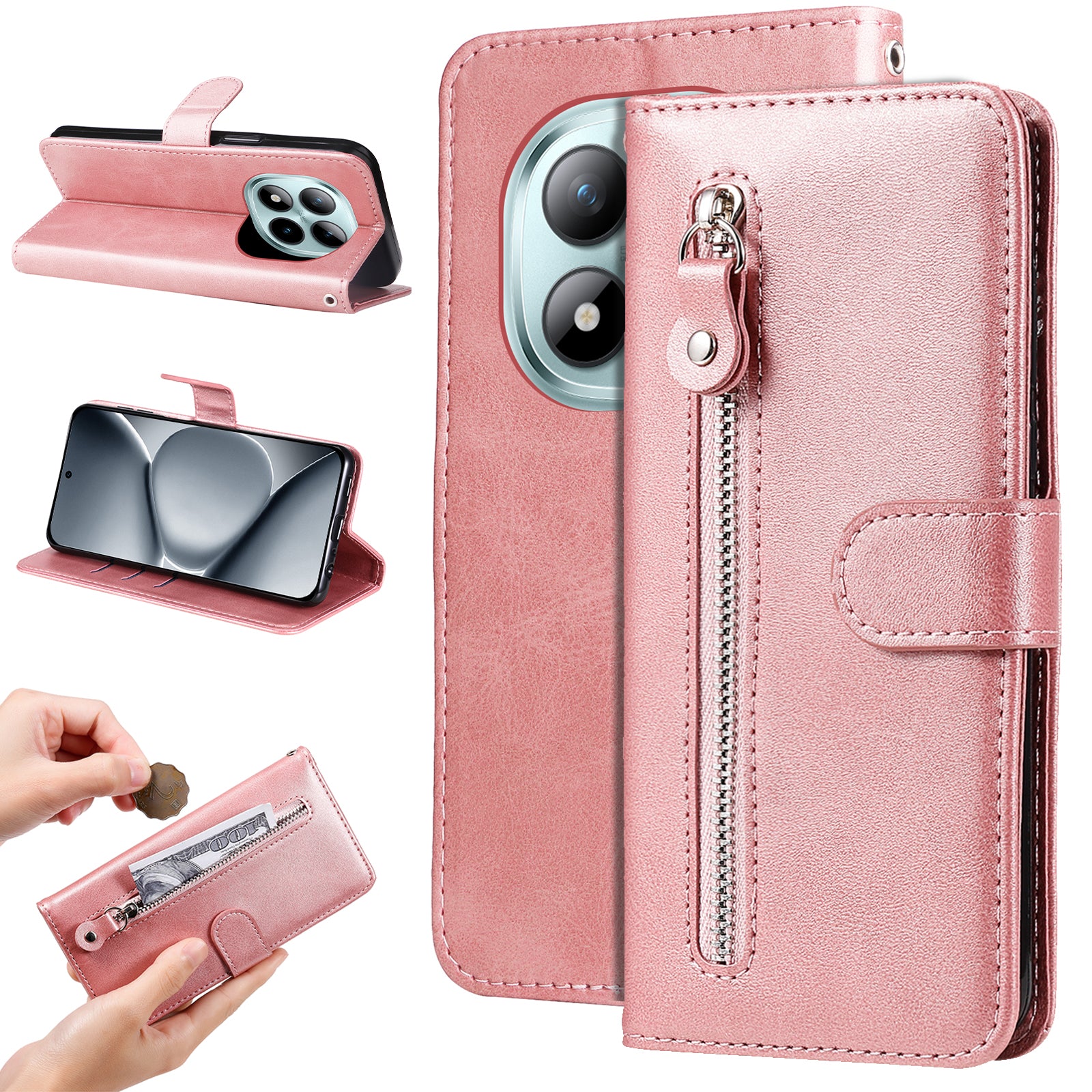 For Xiaomi Poco M8 Pro 5G / Redmi Note 15 Pro+ 5G (Global) PU Leather Cases with Zipper Pocket Wallet Phone Cover Stand - Pink