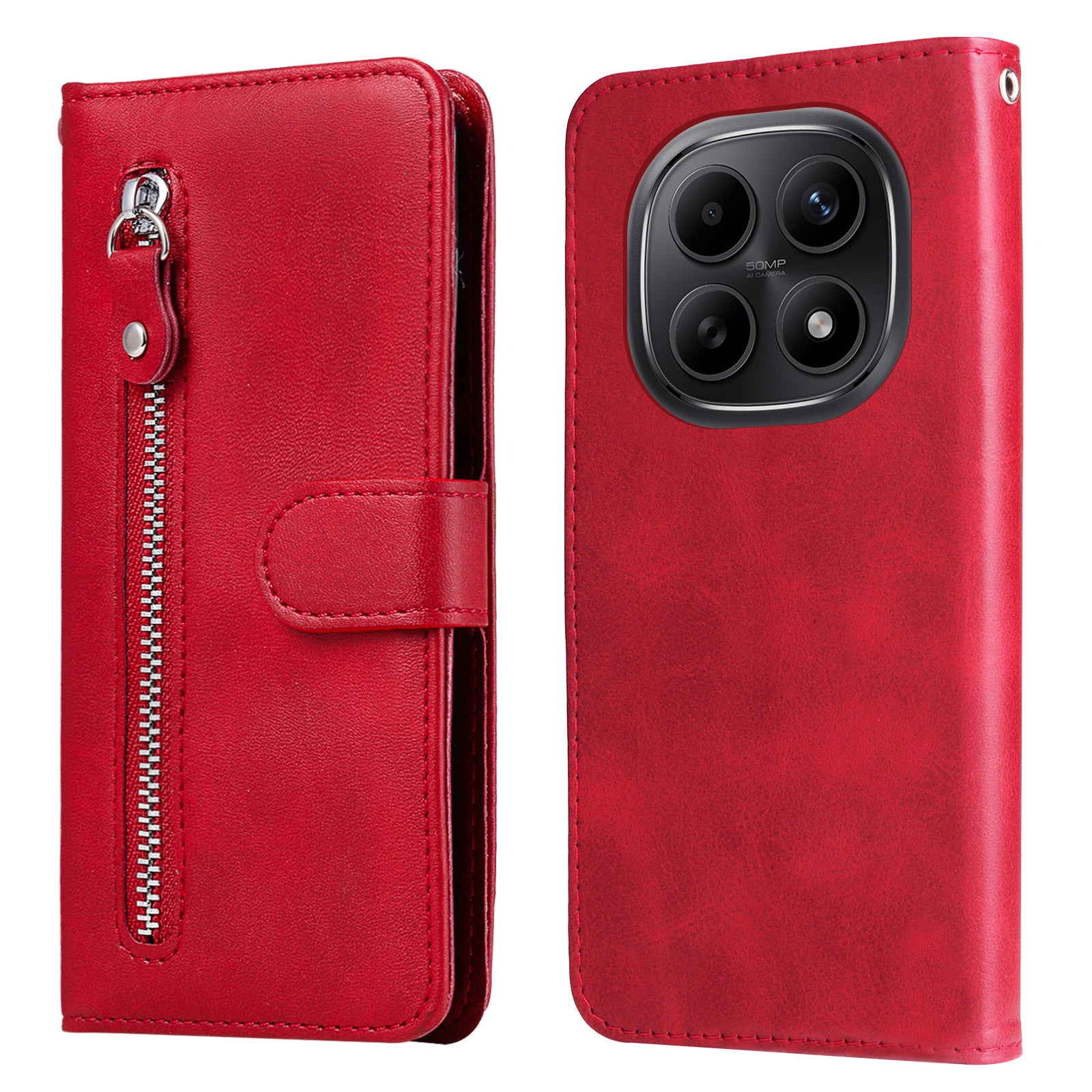 For Xiaomi Poco M8 5G / Redmi Note 15 5G (Global) / 15 4G (Global) PU Leather Cases with Zipper Pocket Wallet Phone Cover Stand - Red