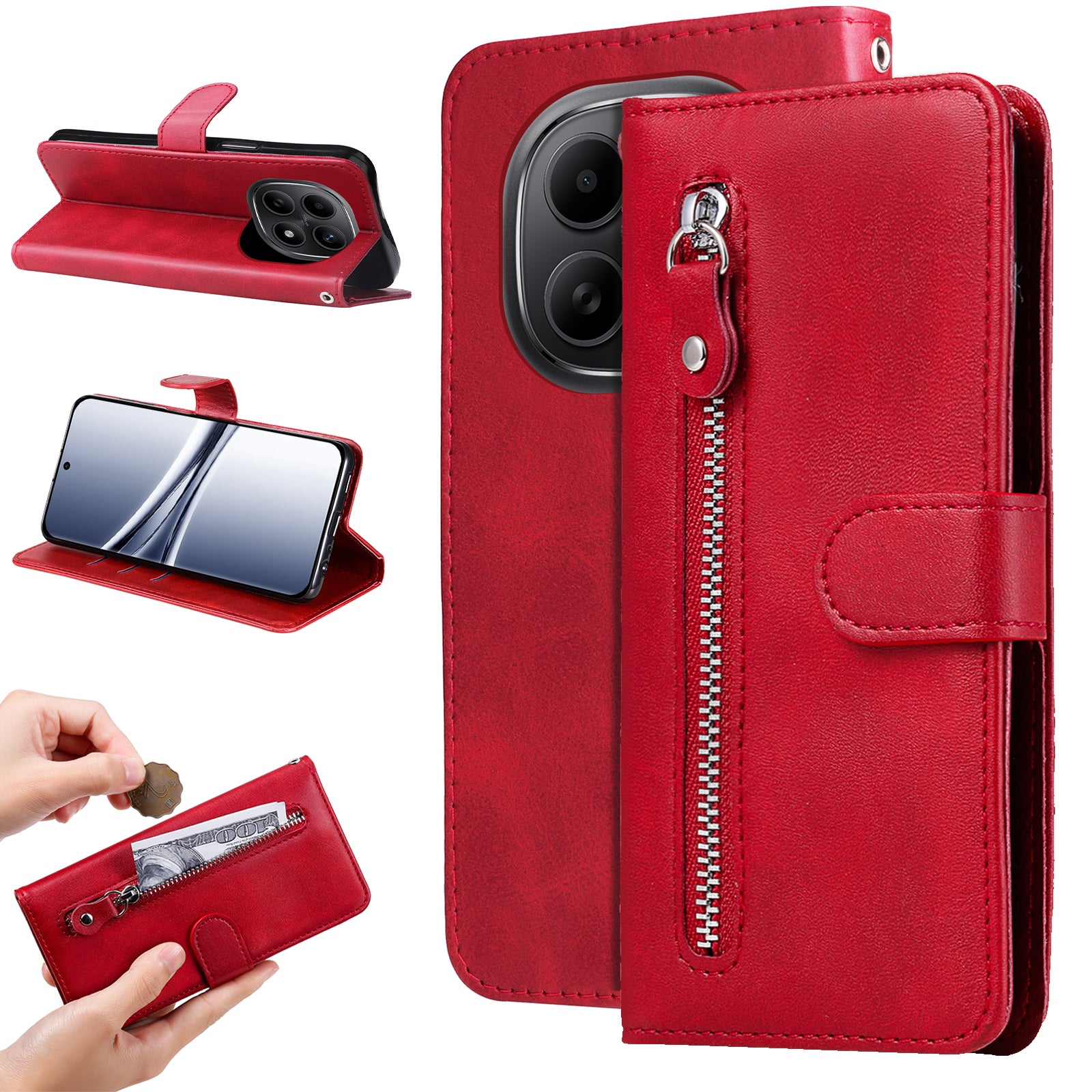For Xiaomi Poco M8 5G / Redmi Note 15 5G (Global) / 15 4G (Global) PU Leather Cases with Zipper Pocket Wallet Phone Cover Stand - Red