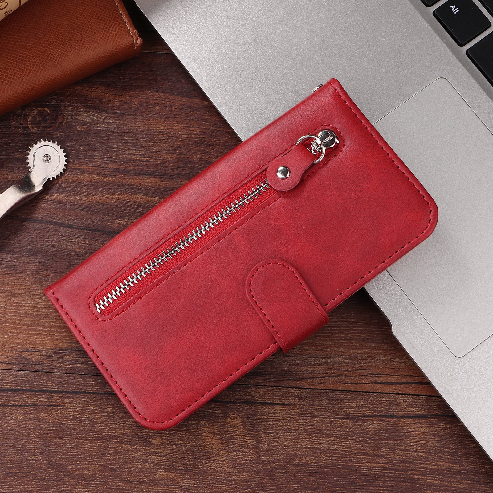 For Xiaomi Poco M8 5G / Redmi Note 15 5G (Global) / 15 4G (Global) PU Leather Cases with Zipper Pocket Wallet Phone Cover Stand - Red