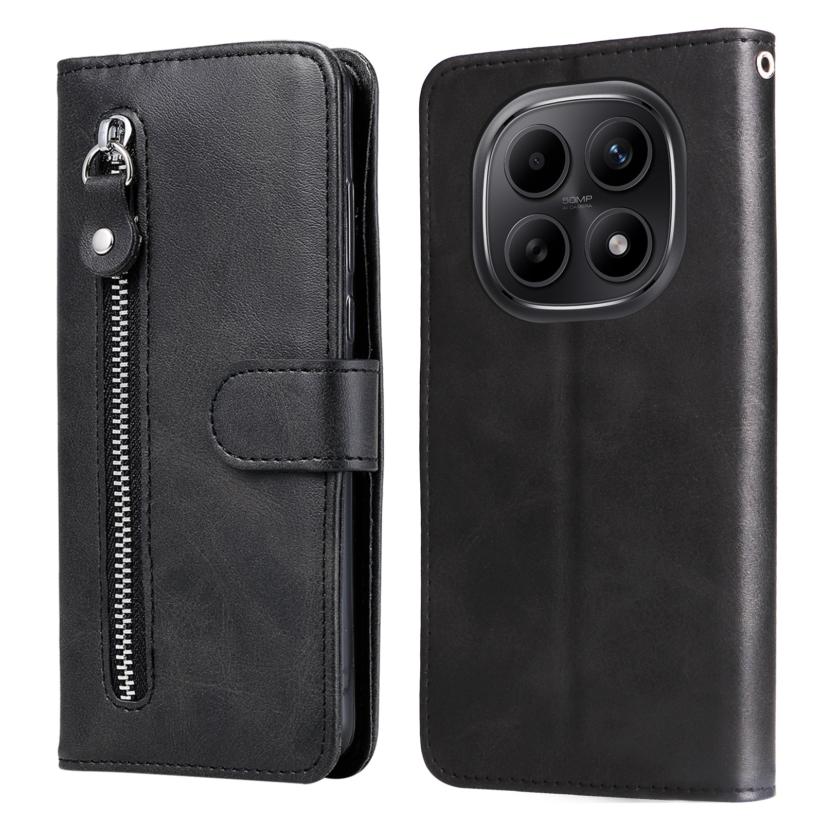 For Xiaomi Poco M8 5G / Redmi Note 15 5G (Global) / 15 4G (Global) PU Leather Cases with Zipper Pocket Wallet Phone Cover Stand - Black