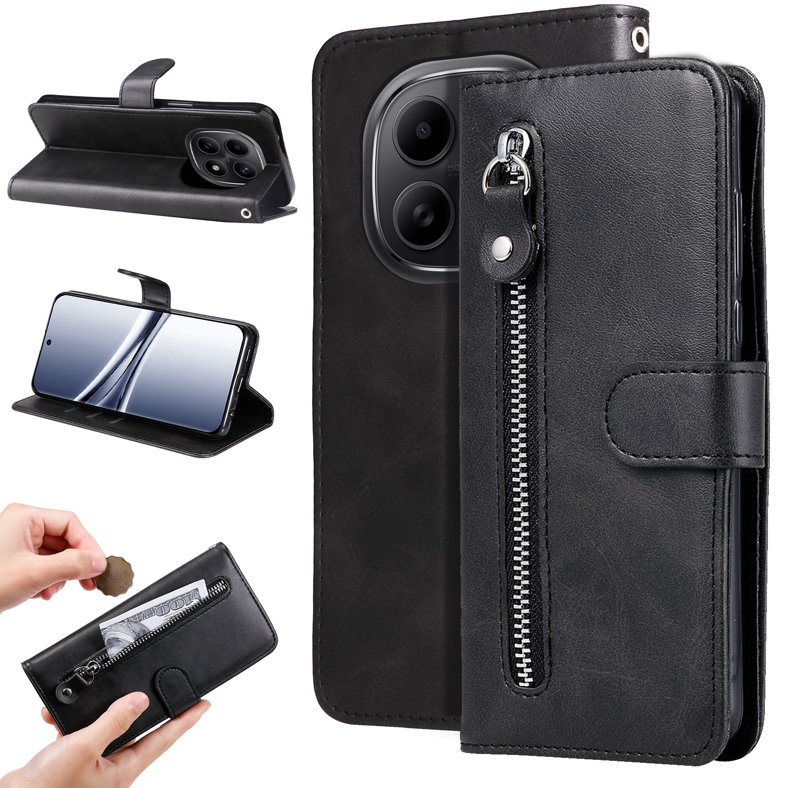 For Xiaomi Poco M8 5G / Redmi Note 15 5G (Global) / 15 4G (Global) PU Leather Cases with Zipper Pocket Wallet Phone Cover Stand - Black