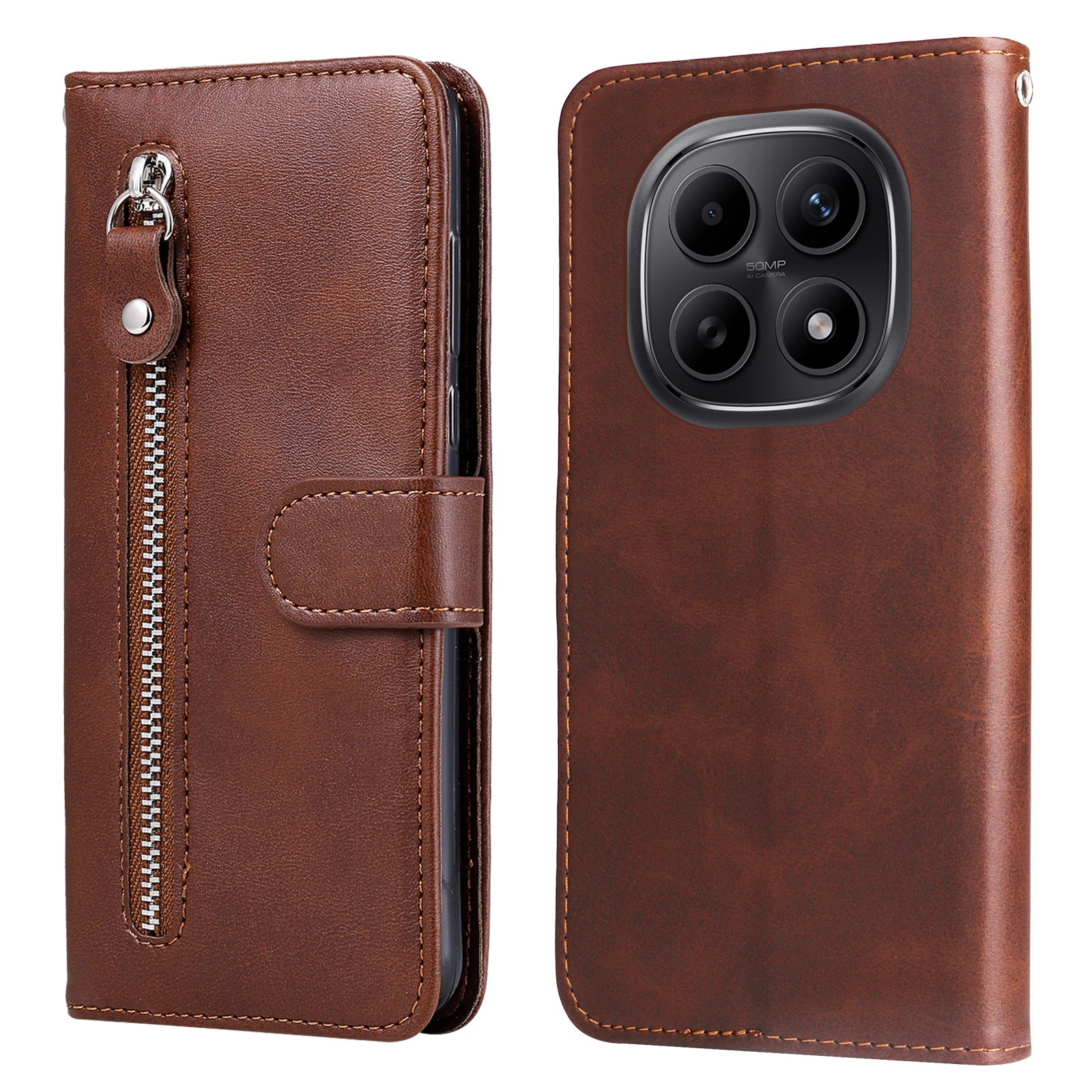 For Xiaomi Poco M8 5G / Redmi Note 15 5G (Global) / 15 4G (Global) PU Leather Cases with Zipper Pocket Wallet Phone Cover Stand - Brown