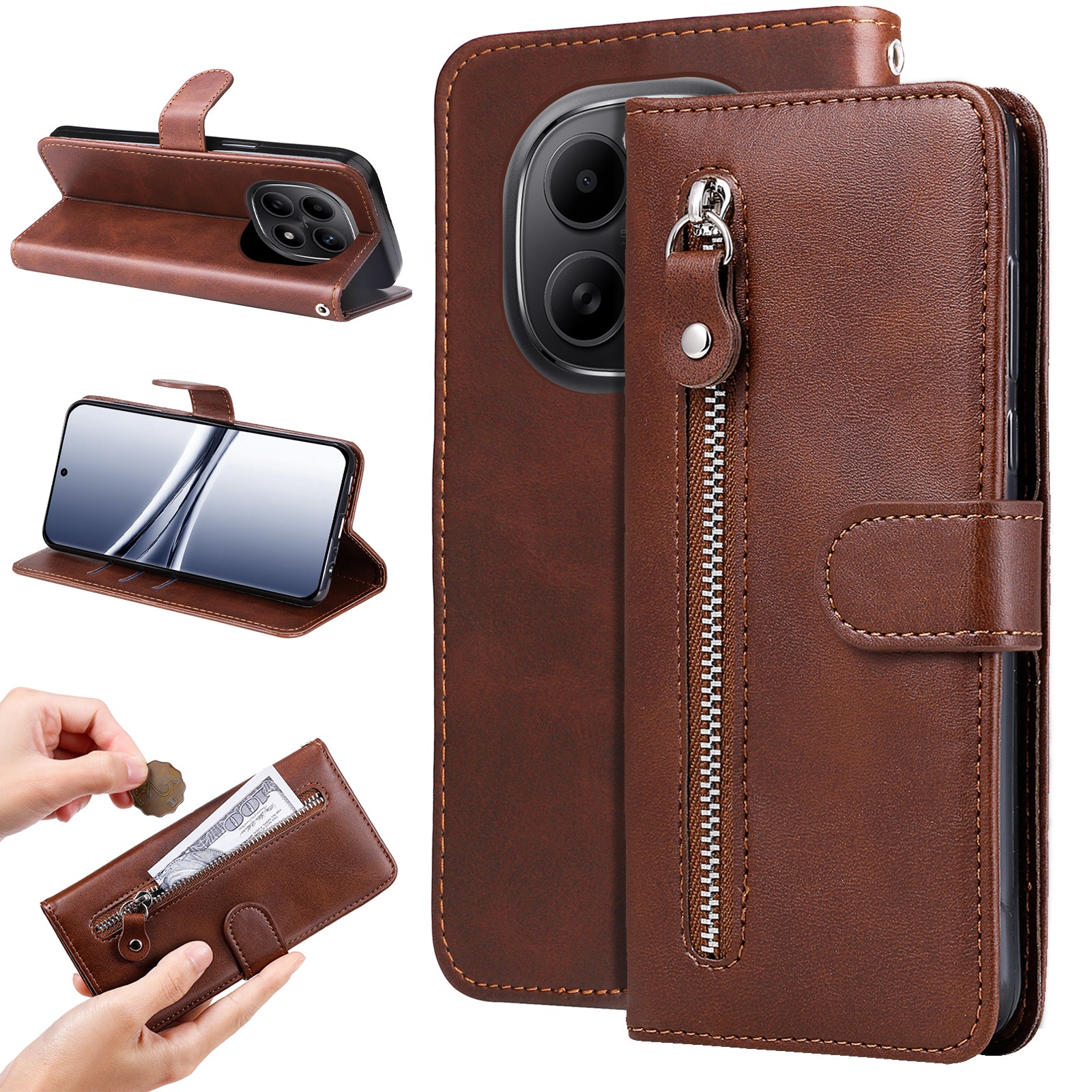 For Xiaomi Poco M8 5G / Redmi Note 15 5G (Global) / 15 4G (Global) PU Leather Cases with Zipper Pocket Wallet Phone Cover Stand - Brown