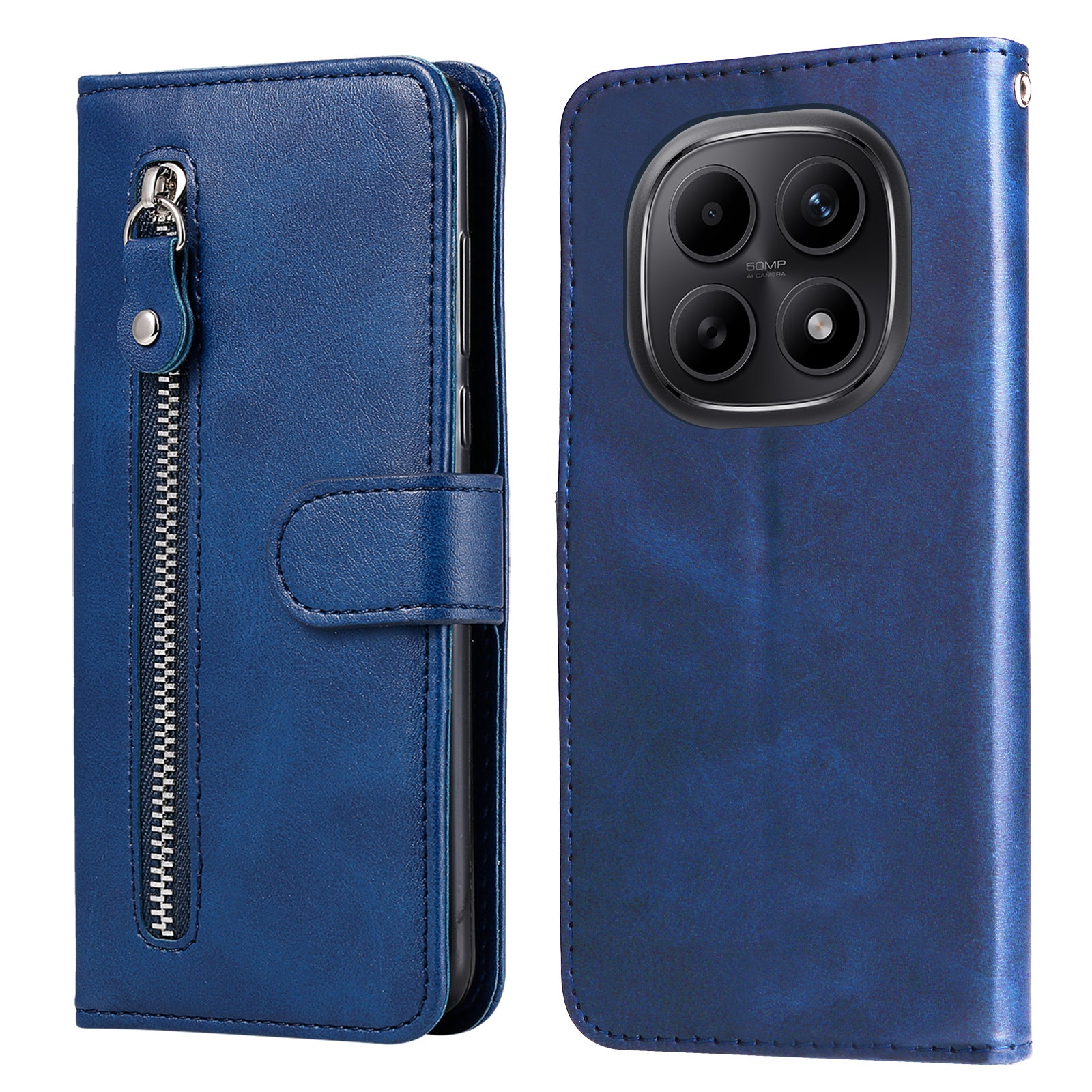 For Xiaomi Poco M8 5G / Redmi Note 15 5G (Global) / 15 4G (Global) PU Leather Cases with Zipper Pocket Wallet Phone Cover Stand - Blue