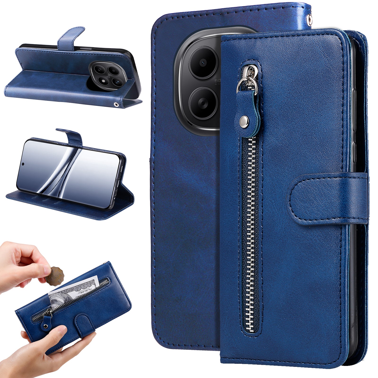 For Xiaomi Poco M8 5G / Redmi Note 15 5G (Global) / 15 4G (Global) PU Leather Cases with Zipper Pocket Wallet Phone Cover Stand - Blue