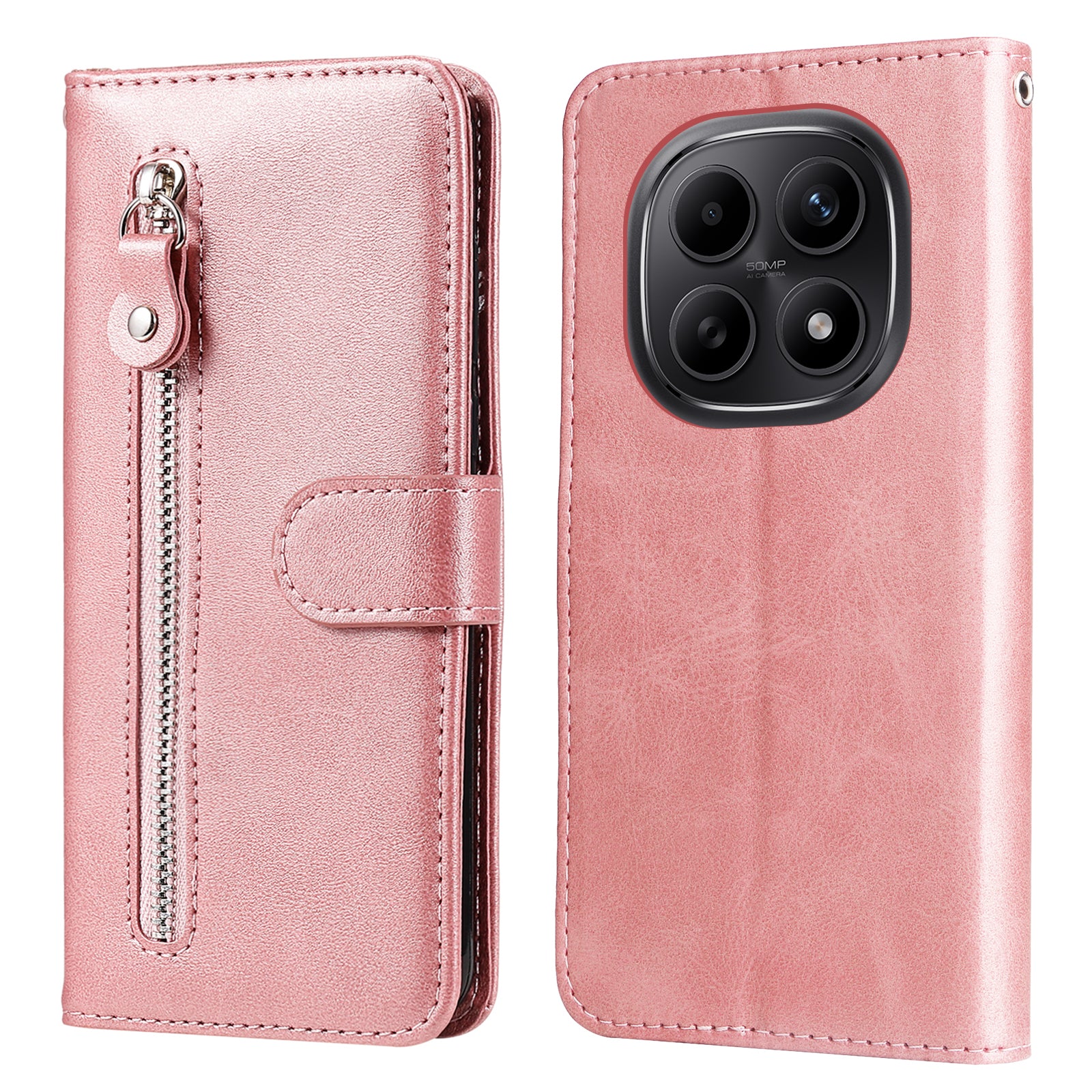For Xiaomi Poco M8 5G / Redmi Note 15 5G (Global) / 15 4G (Global) PU Leather Cases with Zipper Pocket Wallet Phone Cover Stand - Pink