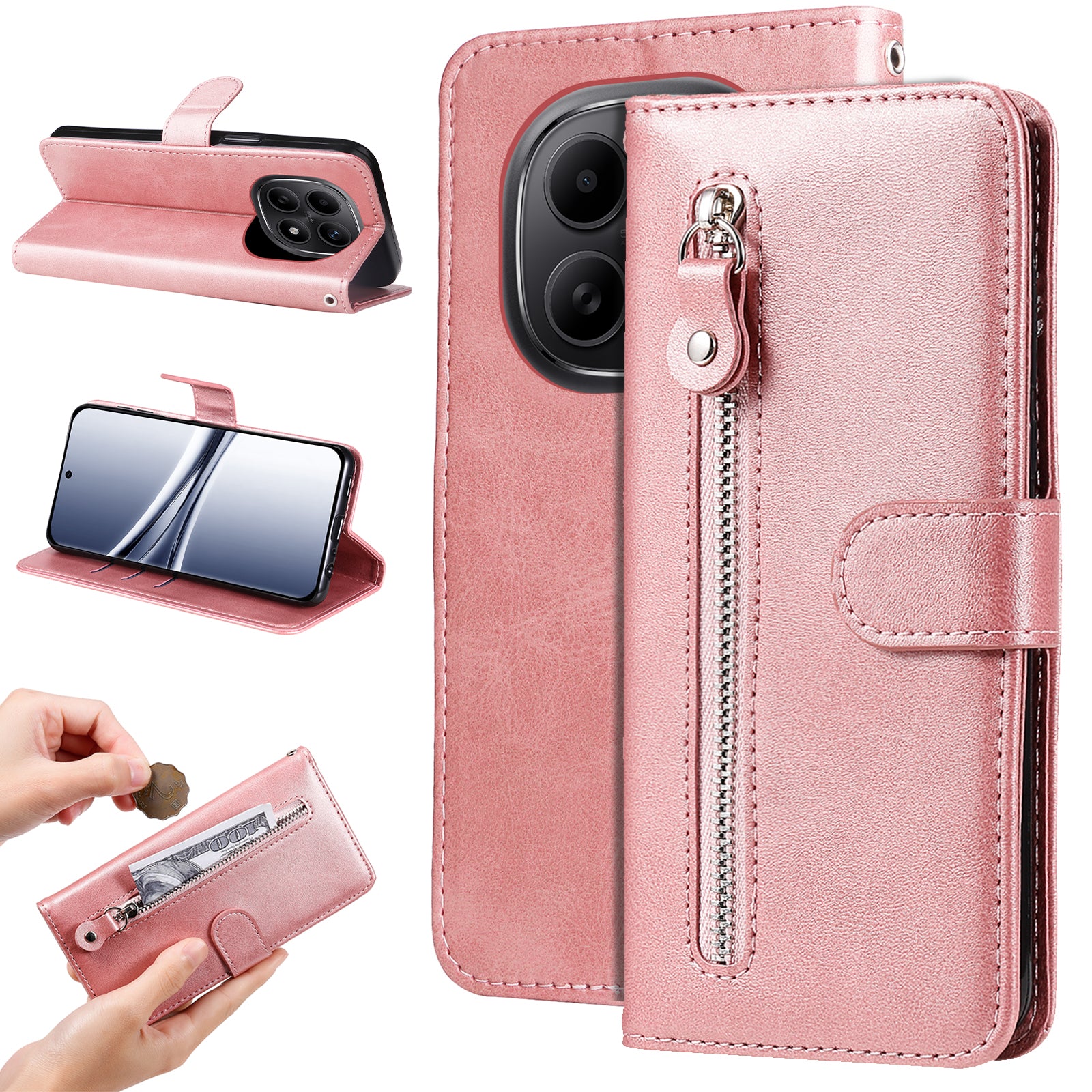 For Xiaomi Poco M8 5G / Redmi Note 15 5G (Global) / 15 4G (Global) PU Leather Cases with Zipper Pocket Wallet Phone Cover Stand - Pink