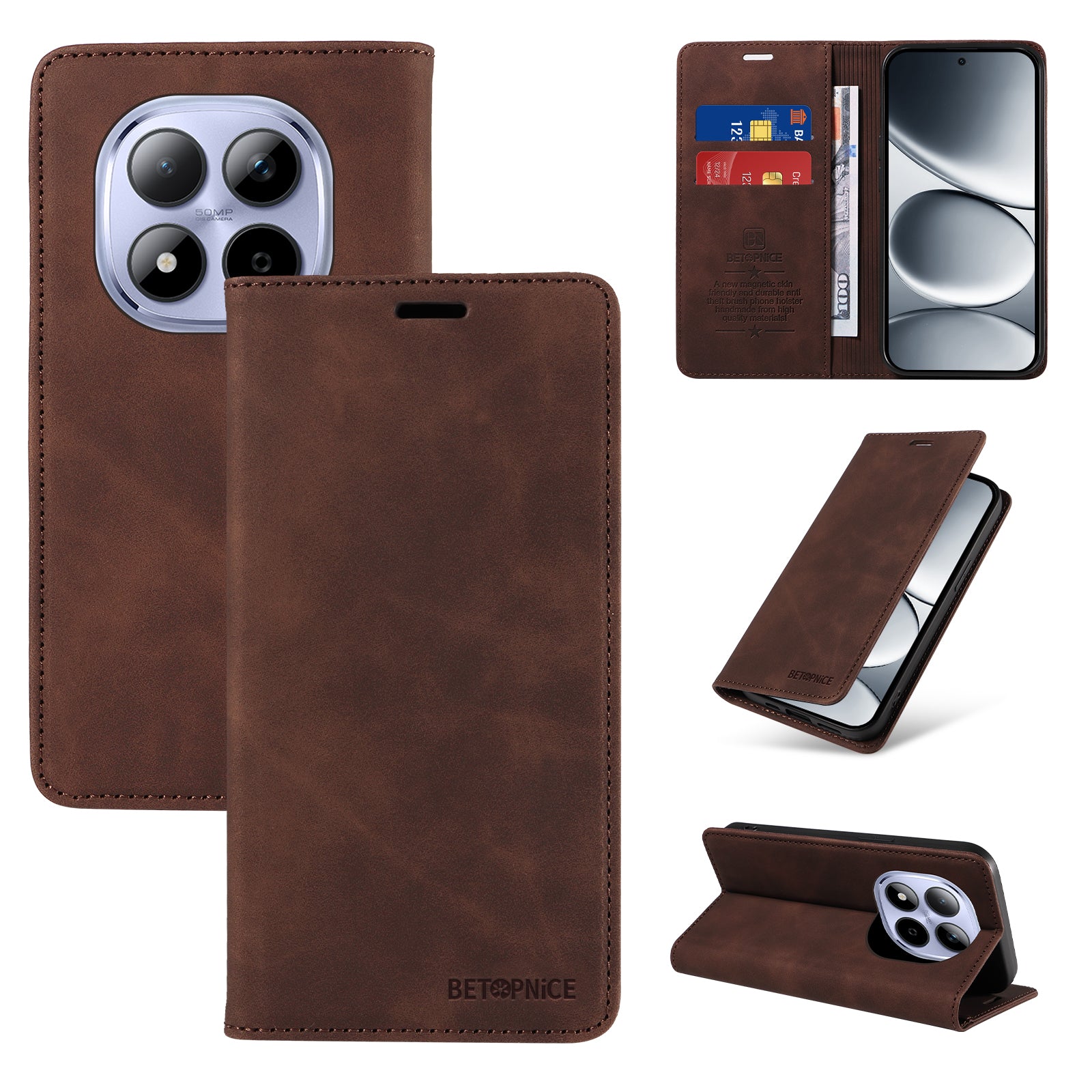 For Xiaomi Redmi Note 15 Pro 4G (Global) Case BETOPNICE Magnetic Closure RFID Blocking Wallet Stand Leather Phone Cover - Brown