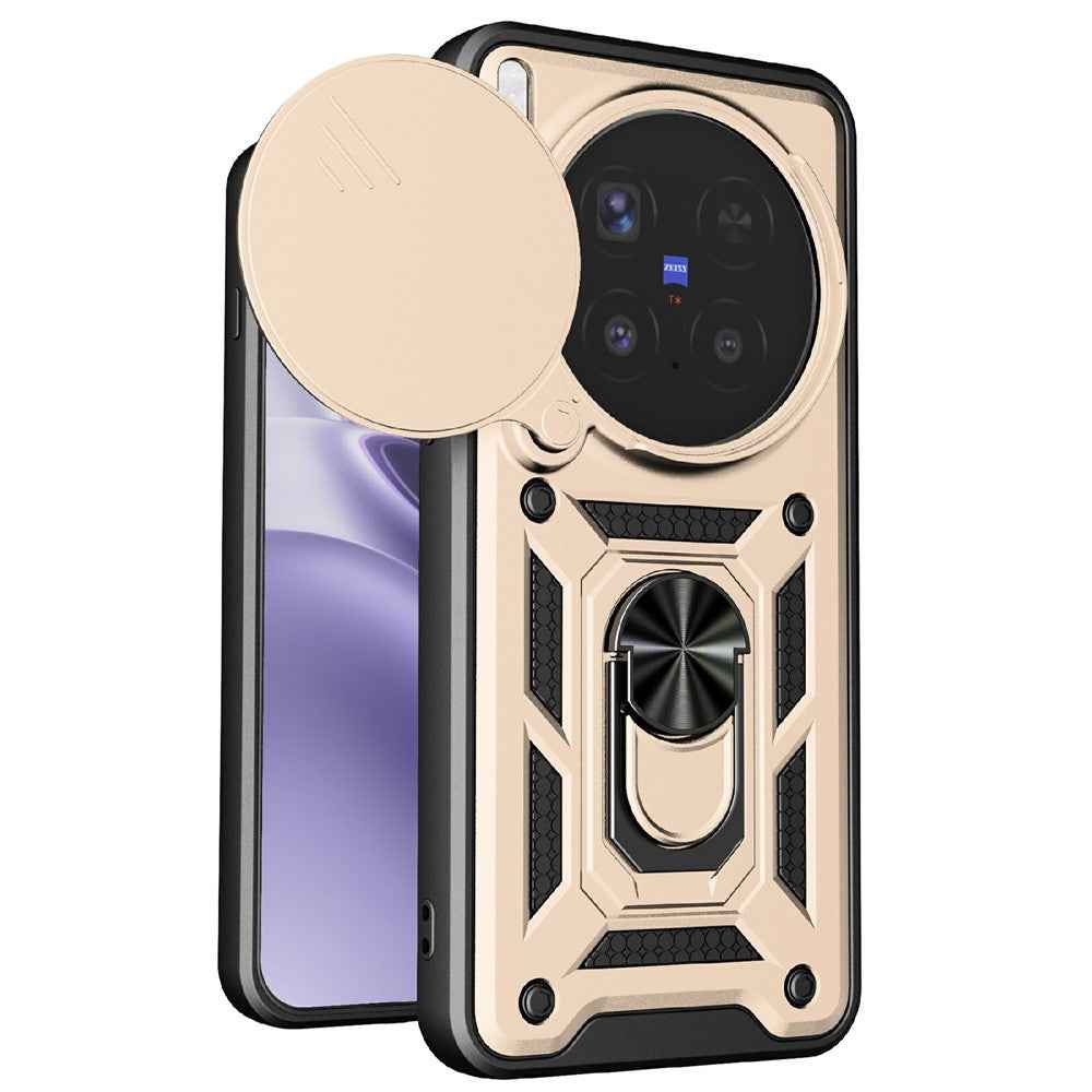 For vivo X300 Pro 5G Case with Slide Camera Lid PC + TPU Kickstand Phone Cover - Gold