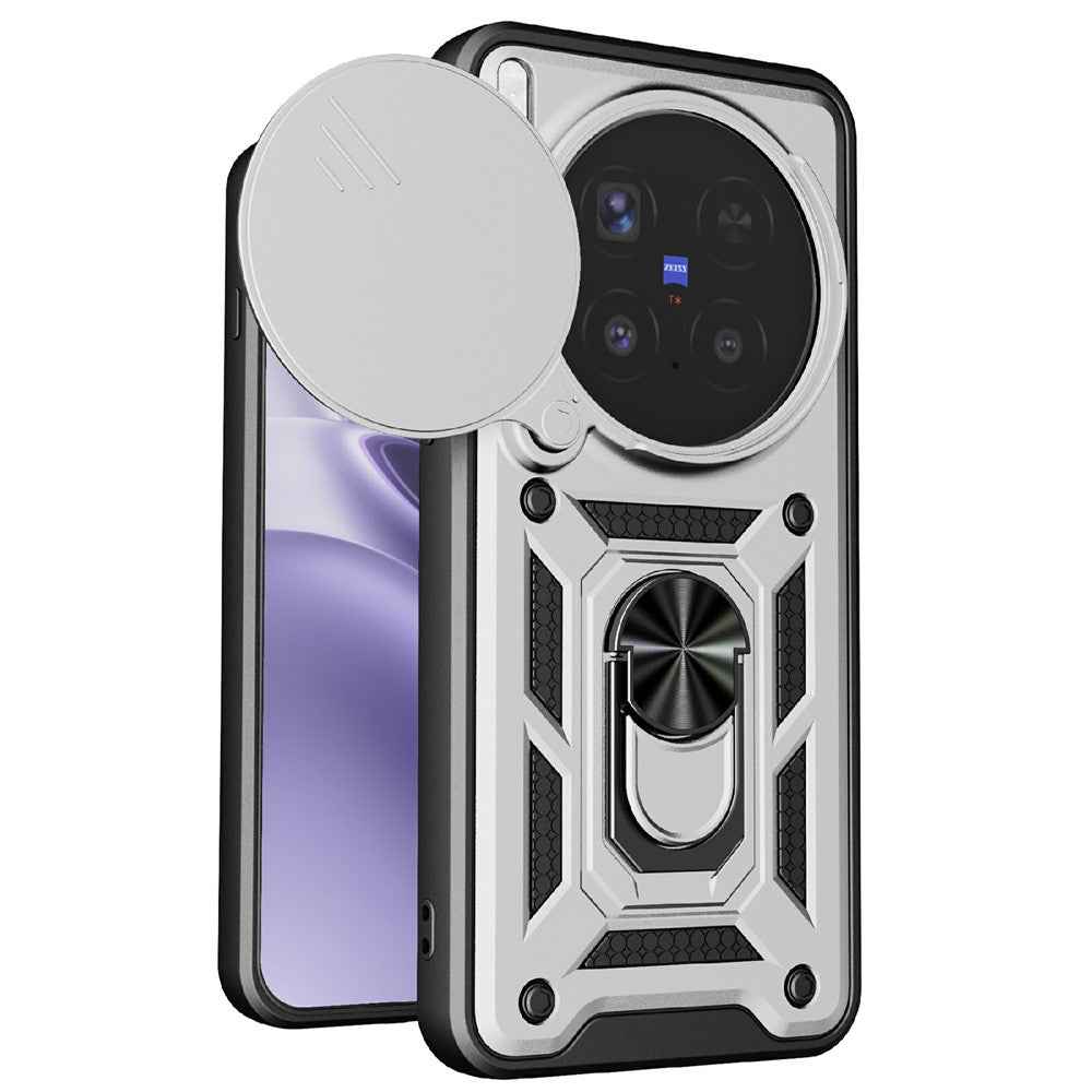 For vivo X300 Pro 5G Case with Slide Camera Lid PC + TPU Kickstand Phone Cover - Silver