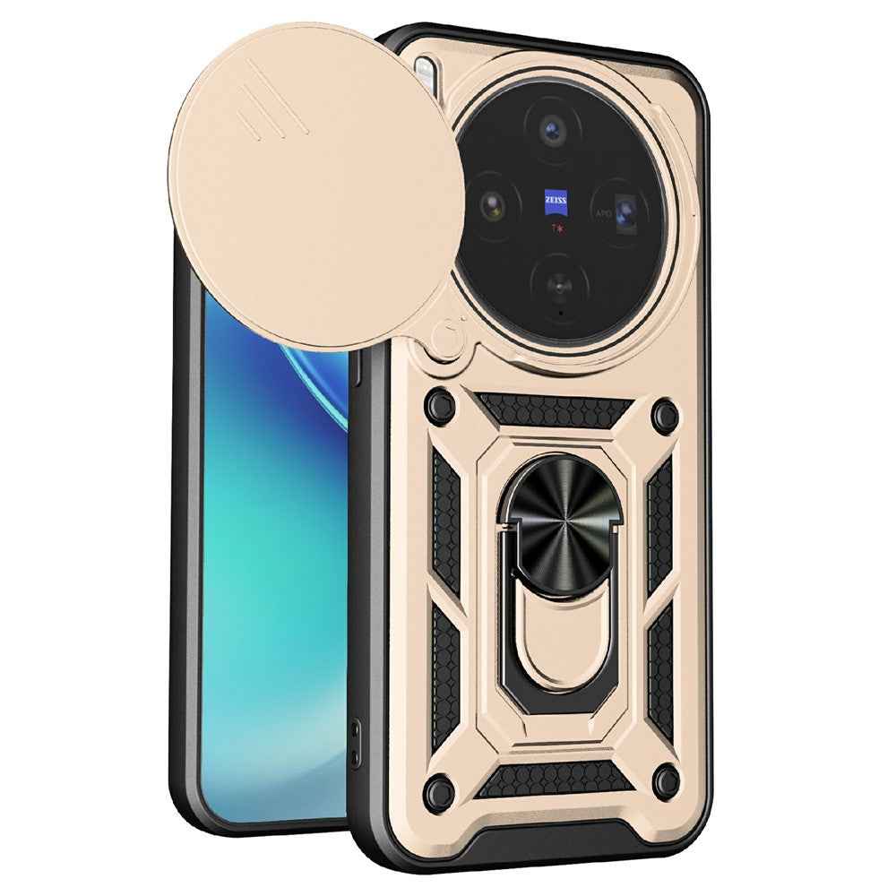 For vivo X300 5G Case with Slide Camera Lid PC + TPU Kickstand Phone Cover - Gold