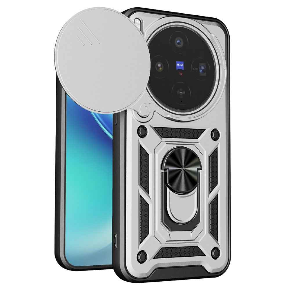 For vivo X300 5G Case with Slide Camera Lid PC + TPU Kickstand Phone Cover - Silver
