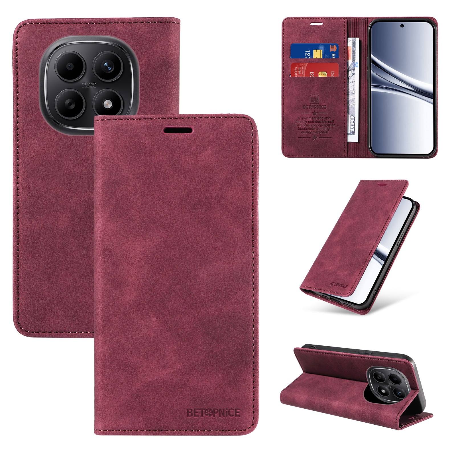 For Xiaomi Poco M8 5G / Redmi Note 15 5G (Global) / 15 4G (Global) Case BETOPNICE Magnetic Closure RFID Blocking Wallet Stand Leather Phone Cover - Red