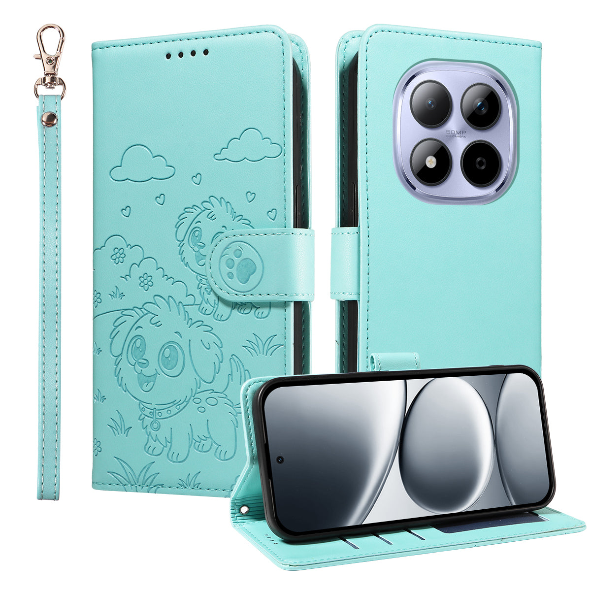 For Xiaomi Redmi Note 15 Pro 4G (Global) Case RFID Blocking Imprinted Dog Pattern PU Leather Phone Cover with Wrist Strap - Green