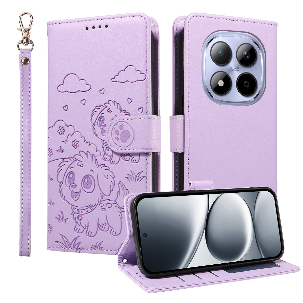 For Xiaomi Redmi Note 15 Pro 4G (Global) Case RFID Blocking Imprinted Dog Pattern PU Leather Phone Cover with Wrist Strap - Purple
