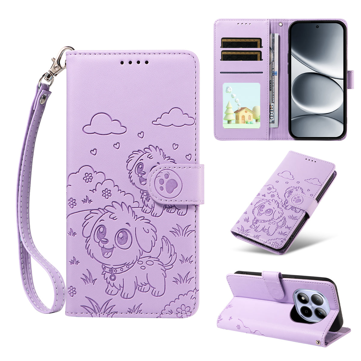 For Xiaomi Redmi Note 15 Pro 4G (Global) Case RFID Blocking Imprinted Dog Pattern PU Leather Phone Cover with Wrist Strap - Purple