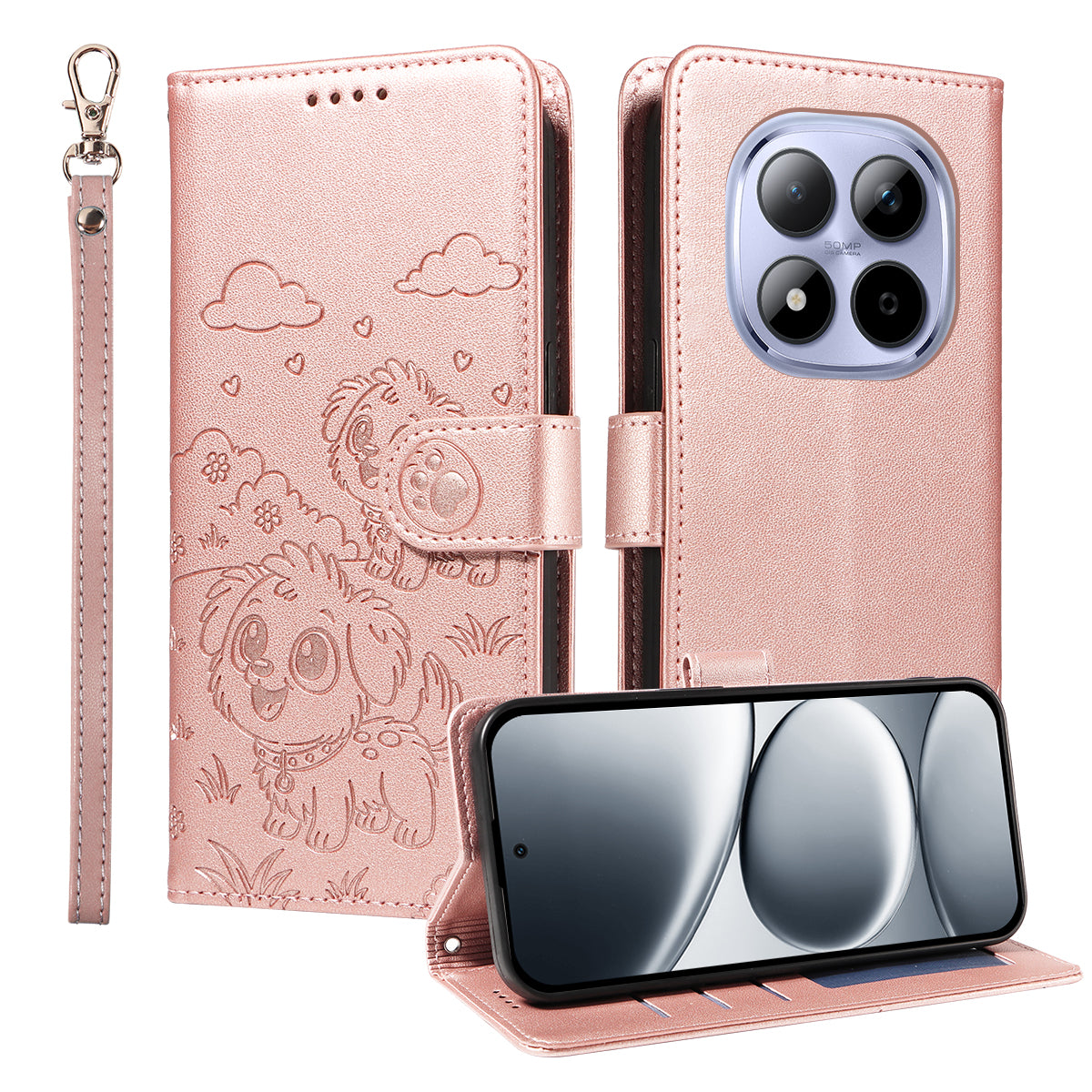 For Xiaomi Redmi Note 15 Pro 4G (Global) Case RFID Blocking Imprinted Dog Pattern PU Leather Phone Cover with Wrist Strap - Pink