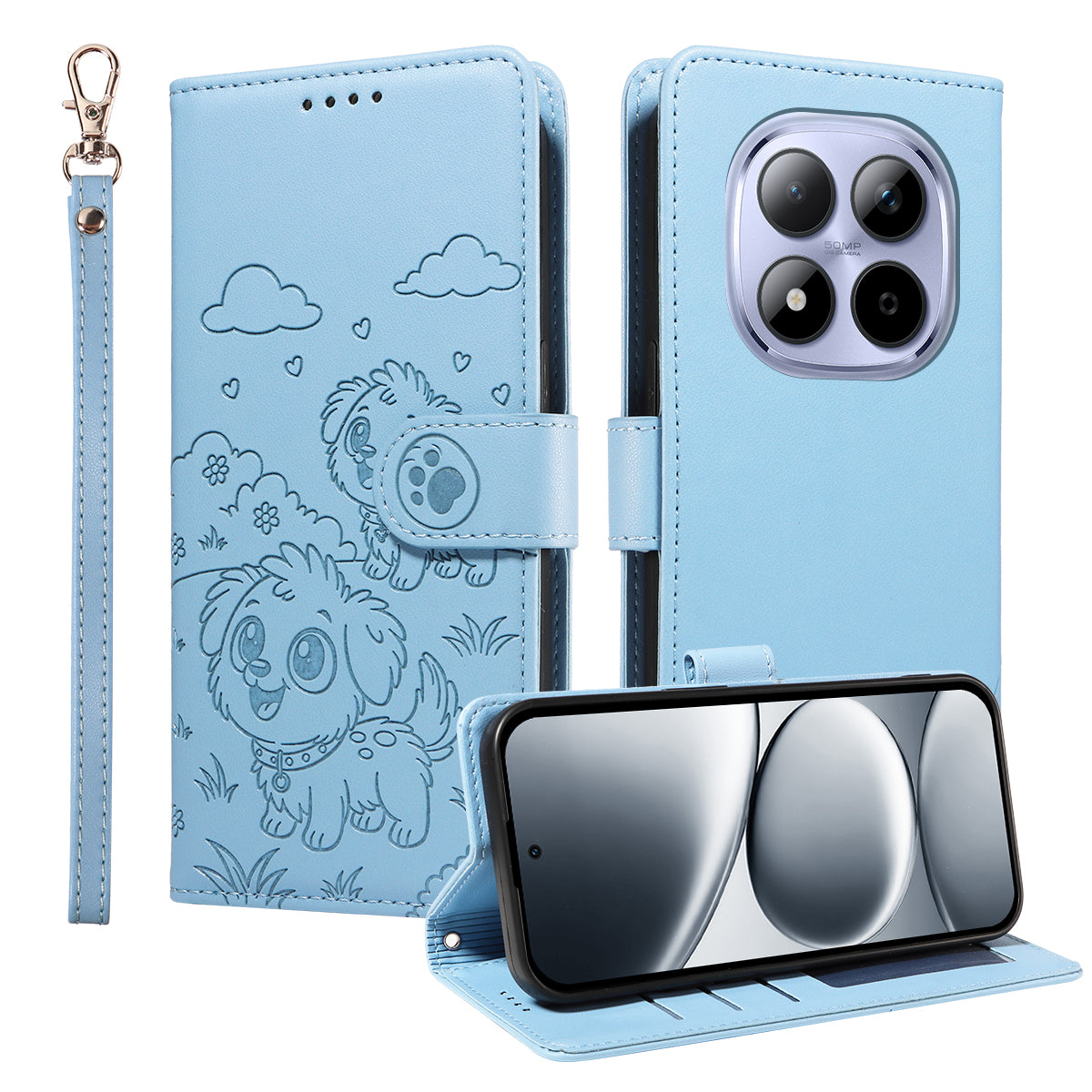 For Xiaomi Redmi Note 15 Pro 4G (Global) Case RFID Blocking Imprinted Dog Pattern PU Leather Phone Cover with Wrist Strap - Blue