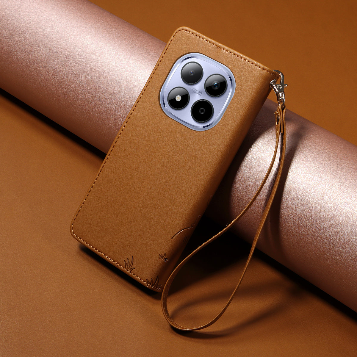 For Xiaomi Redmi Note 15 Pro 4G (Global) Case RFID Blocking Imprinted Dog Pattern PU Leather Phone Cover with Wrist Strap - Brown