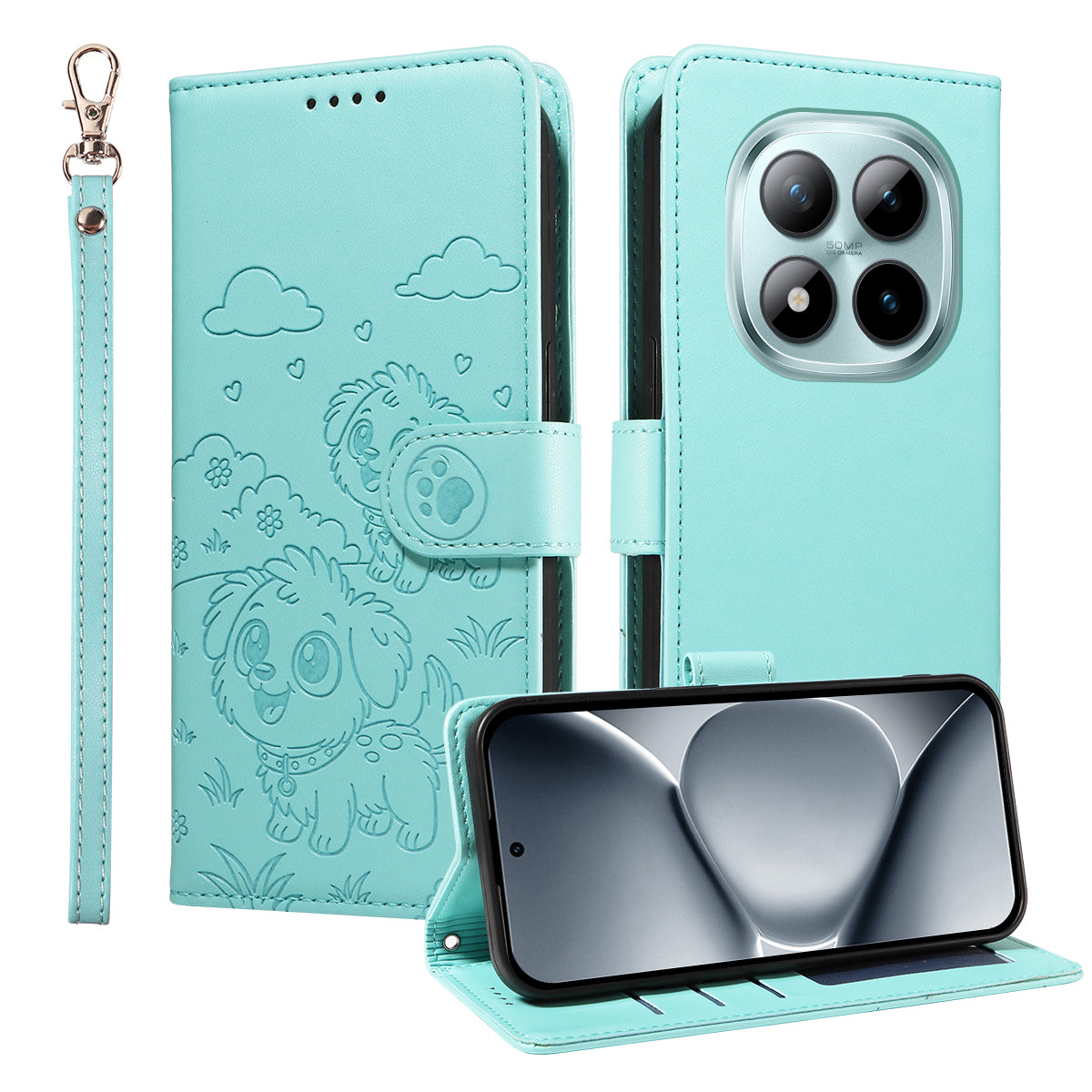For Xiaomi Poco M8 Pro 5G / Redmi Note 15 Pro+ 5G (Global) Case RFID Blocking Imprinted Dog Pattern PU Leather Phone Cover with Wrist Strap - Green