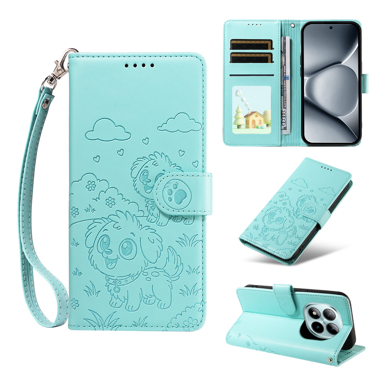 For Xiaomi Poco M8 Pro 5G / Redmi Note 15 Pro+ 5G (Global) Case RFID Blocking Imprinted Dog Pattern PU Leather Phone Cover with Wrist Strap - Green