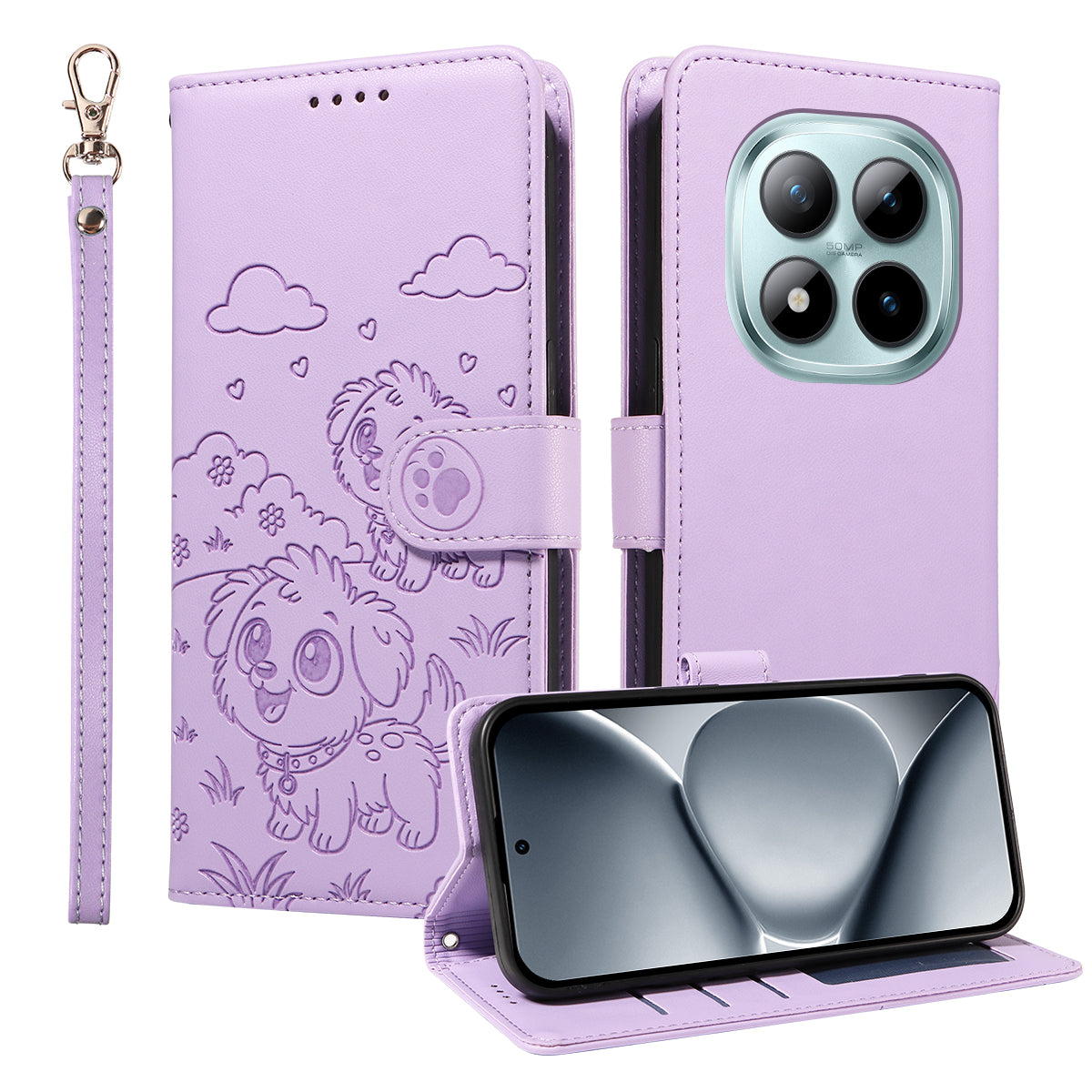 For Xiaomi Poco M8 Pro 5G / Redmi Note 15 Pro+ 5G (Global) Case RFID Blocking Imprinted Dog Pattern PU Leather Phone Cover with Wrist Strap - Purple