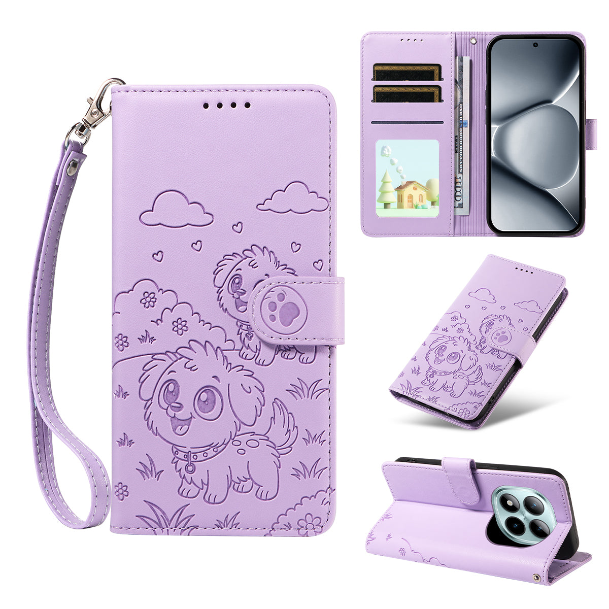 For Xiaomi Poco M8 Pro 5G / Redmi Note 15 Pro+ 5G (Global) Case RFID Blocking Imprinted Dog Pattern PU Leather Phone Cover with Wrist Strap - Purple